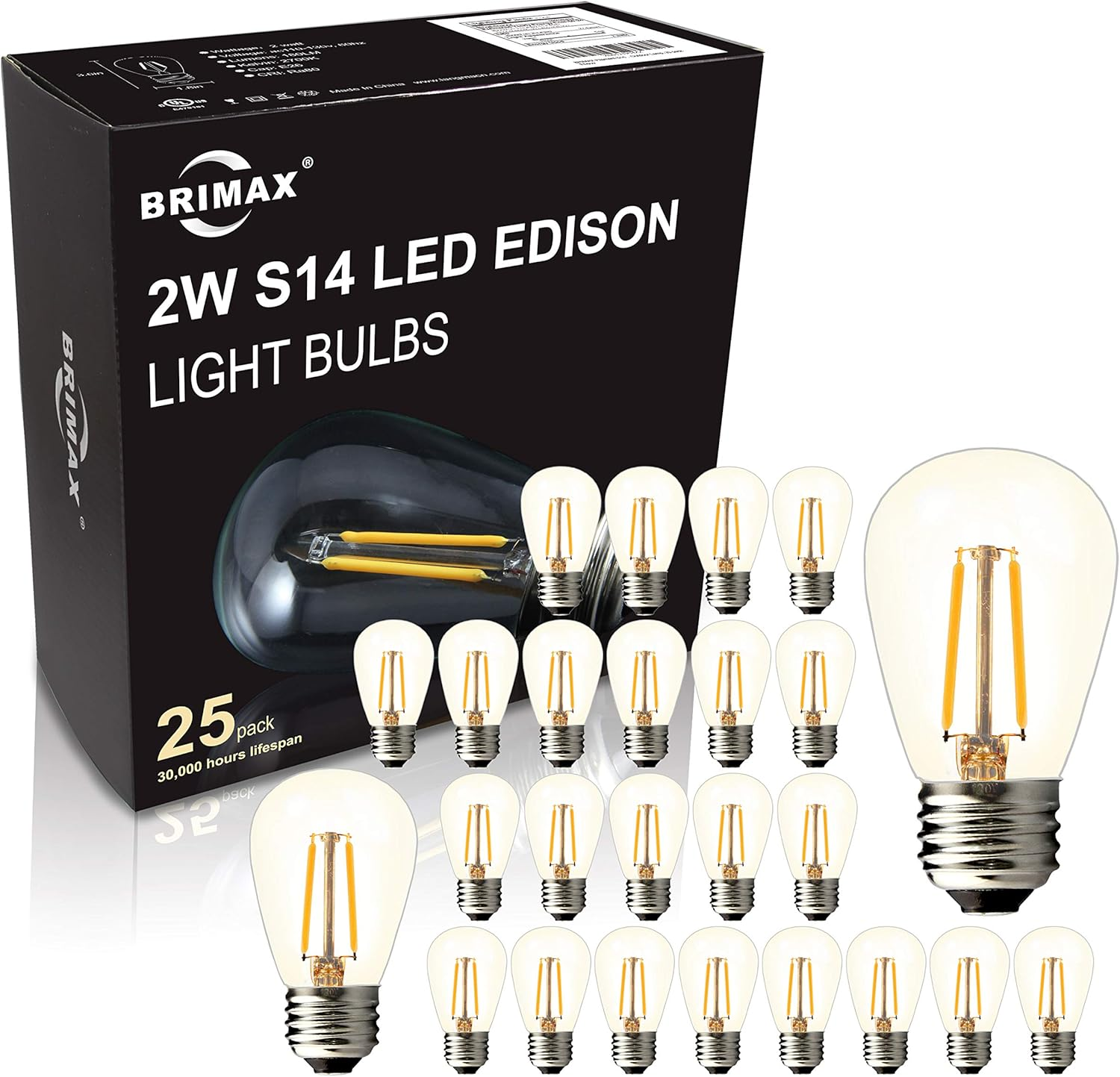 25 Pack S14 Replacement LED Bulbs,2W Outdoor String Light Bulbs Shatterproof,E26 Medium Base,2700K Warm White,Plastic Edison Bulbs for Patio Garden