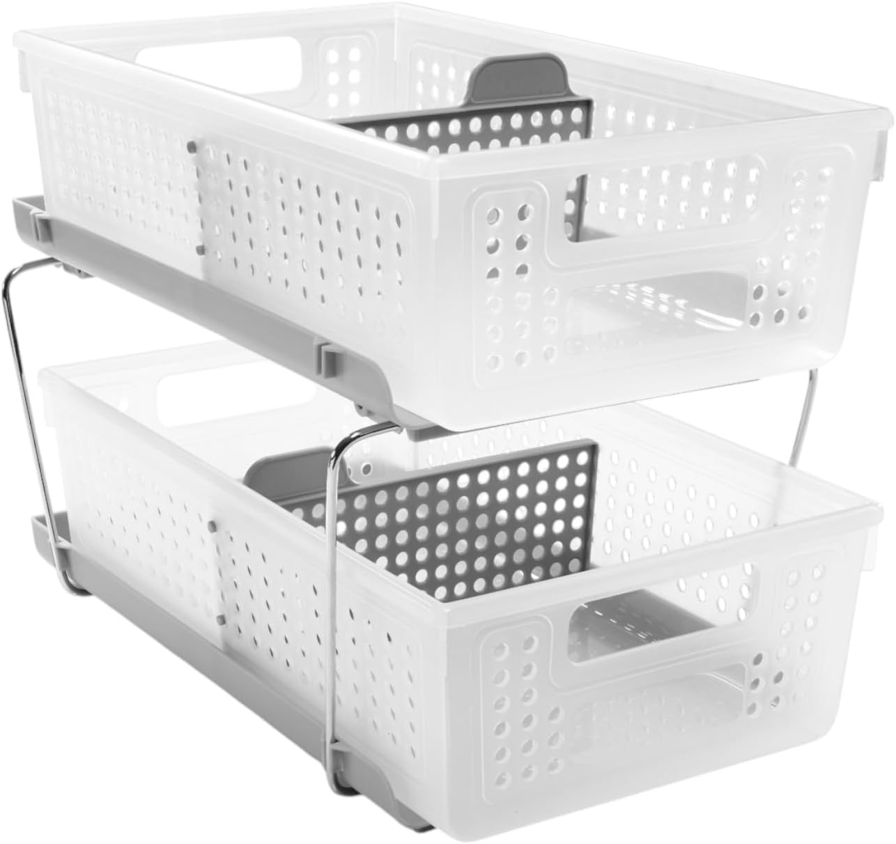 2-Tier Organizer, Multi-Purpose Slide-Out Storage Baskets with Handles and Dividers, Frost