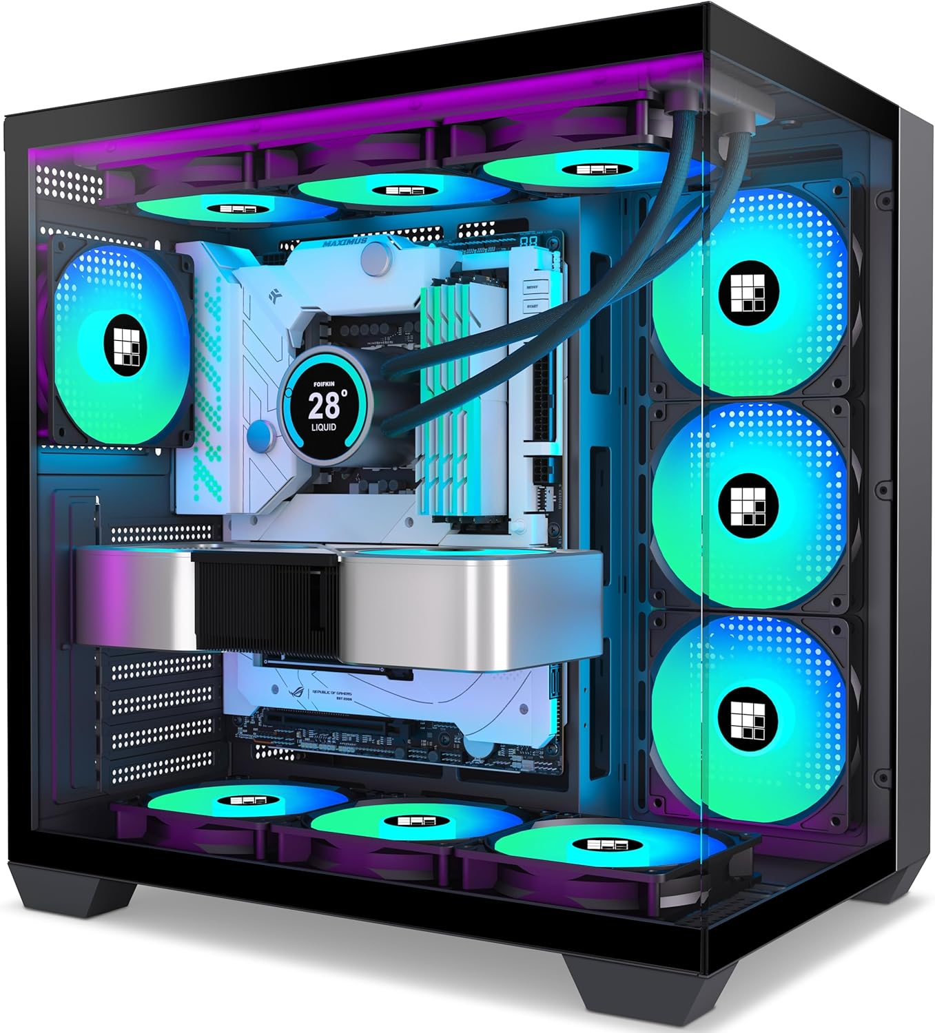 F600 PC Case - Pre-Installed 7 PWM ARGB Fan, ATX Mid-Tower Gaming PC Case, 270° Panoramic Glass with Type-C,  (Black, F600)