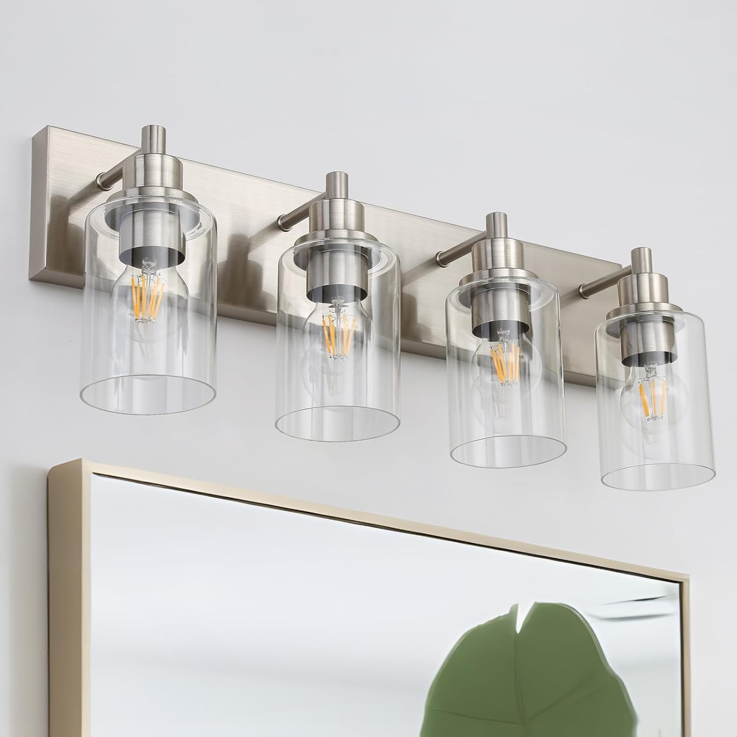 4 Light Bathroom Vanity Light Brushed Nickel, Bathroom Lighting Fixtures with Clear Glass Shades over Vanity Mirror, Modern Wall Sconces Fixtures for Bedroom Living Room, E26 Socket