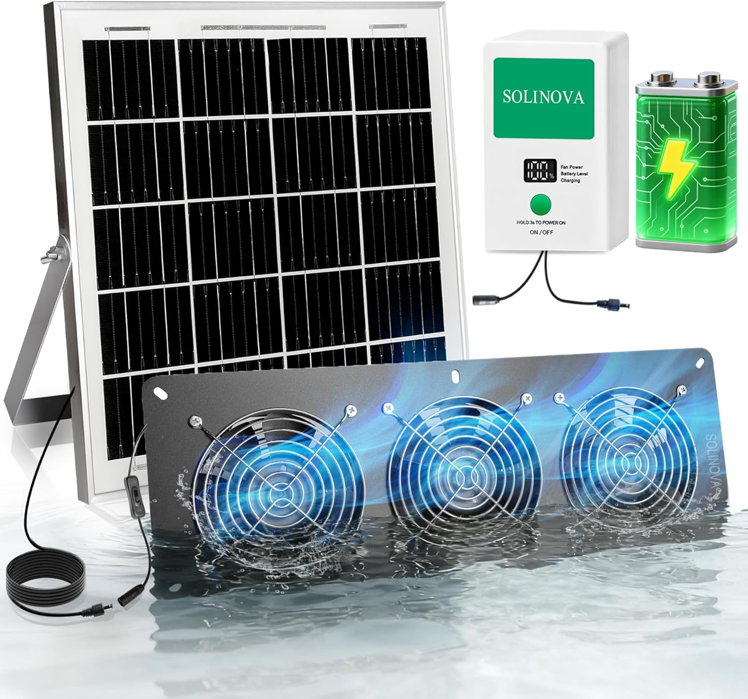Solar Fan, 25W Solar Exhaust 3-Fan with 7500Mah Battery, Solar Powered Fan for Intake or Exhaust Vent Cooling, Solar Ventilation Fan for Greenhouses, Chicken Coops, Attics, Barns, Sheds, Dog Houses