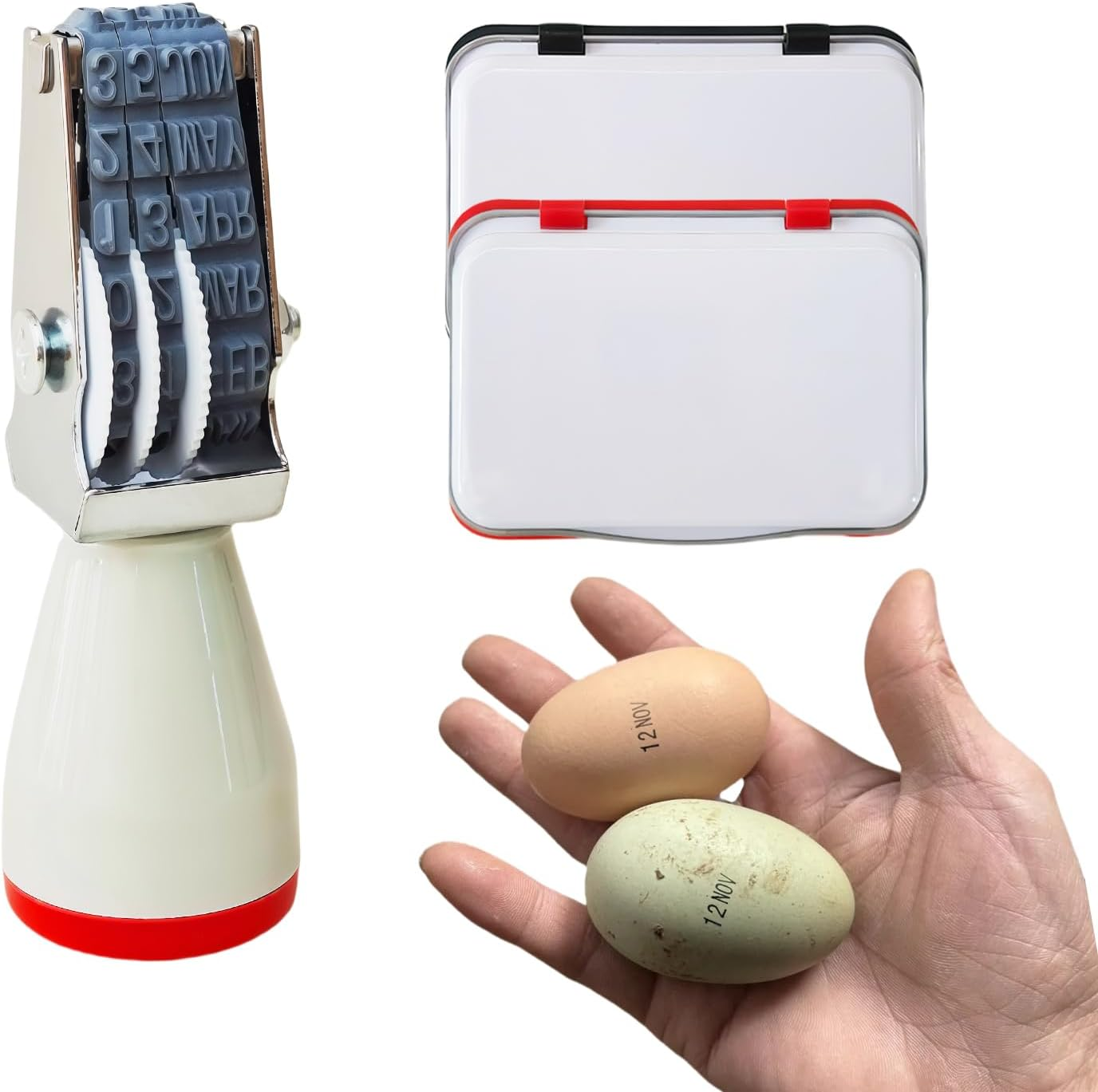 Egg Dater Stamp Kit, Date Stamp for Farm Fresh Eggs, Rubber Egg Stamper, 2 Ink Pads (Red & Black), Suitable for Chicken Duck Turkey Eggs (White)