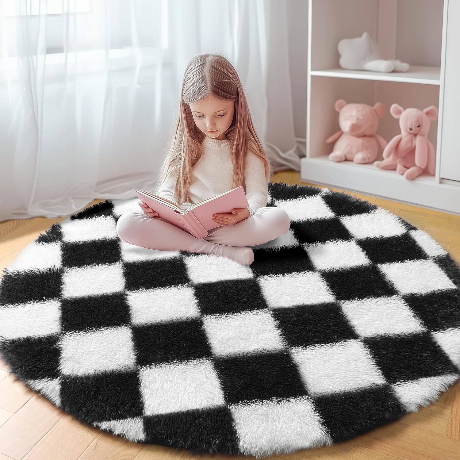 KICMOR round Rug 4Ft for Bedroom, Black and White Fluffy Soft Circle Area Rug