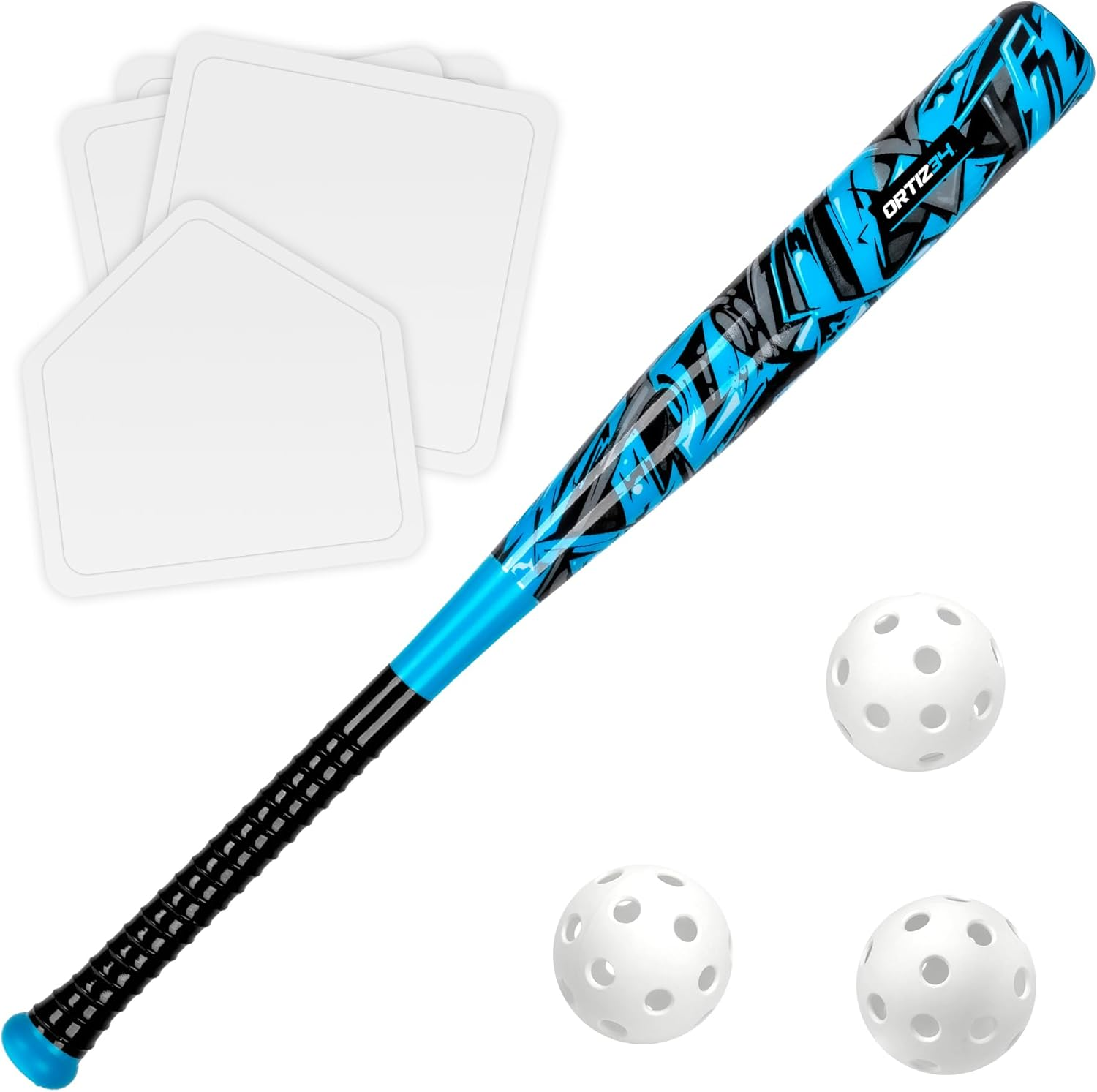 Grand Slam Set- Graffiti Plastic Bat, David Ortiz Backyard Baseball Set with 3 Balls, 4 Throw down Bases