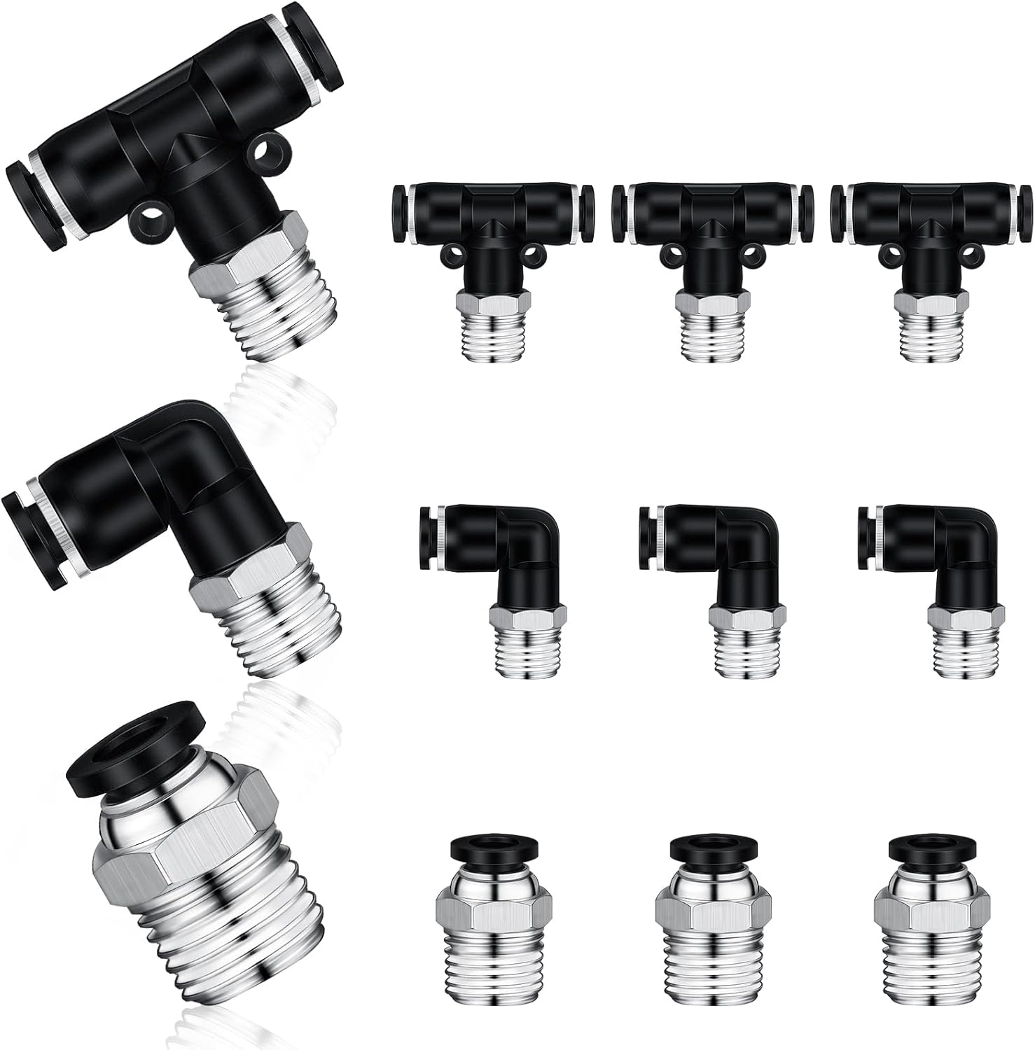 12-Piece Push To Connect Fittings Kit – 1/4 Inch Tube OD X 1/8 NPT – Includes Elbow, Straight & Three-Way Connectors