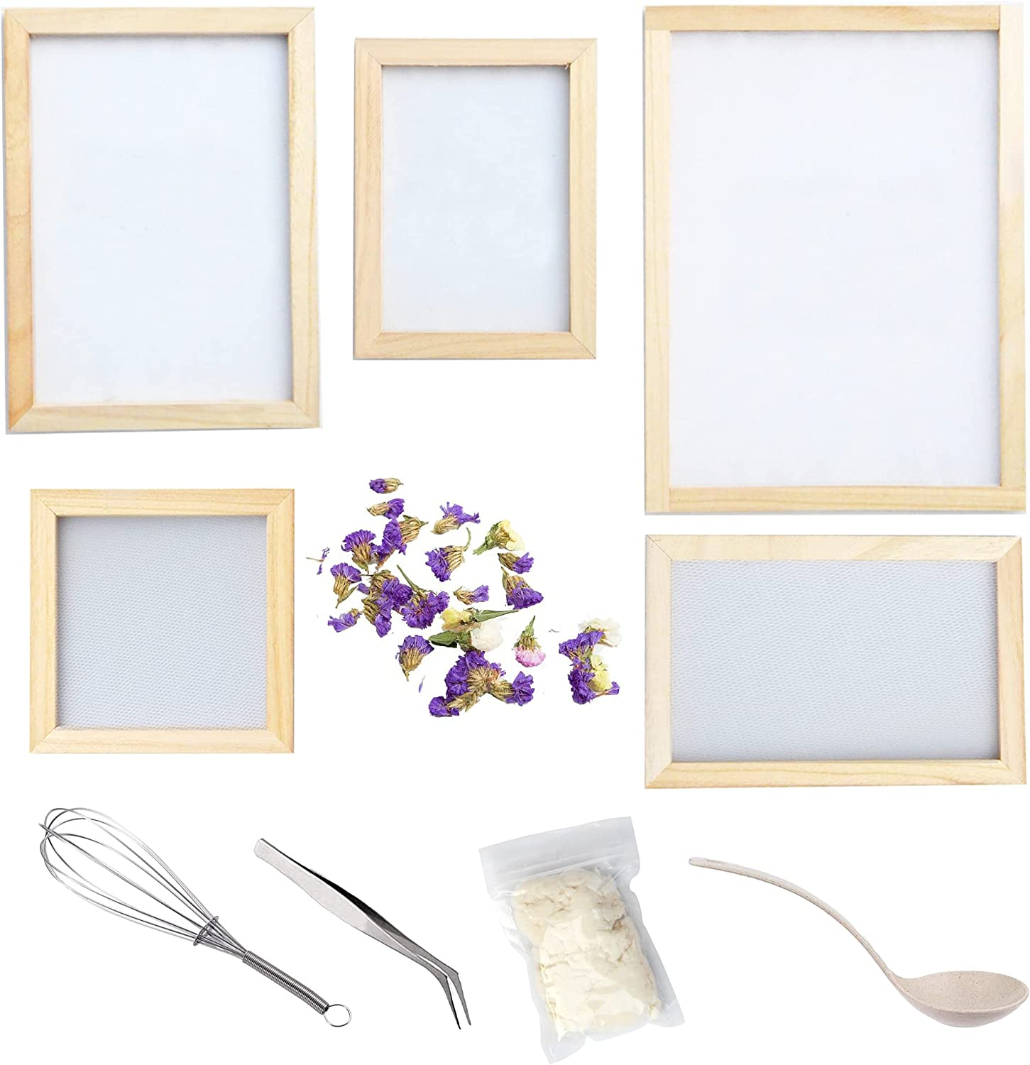 11 Pack Paper Making Screen Kit Include 5 PCS Wooden Paper Making Mold Frame, Dried Flowers, Replace Mesh Cloth, Spoon Stirrer and Tweezers for DIY Dried Flowers Paper Craft