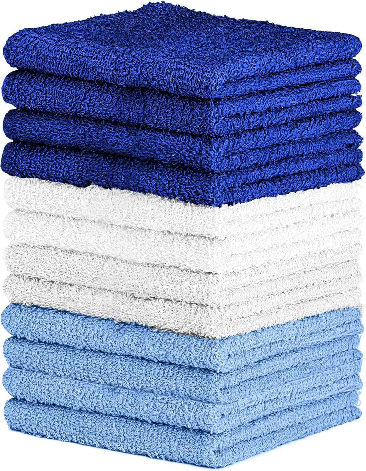 100% Cotton Washcloth Set – Soft, Absorbent Face Towels for Bathroom & Gym Use – Durable & Reusable Wash Cloths - (Blue, White and Navy (12x12), (Pack of 12)