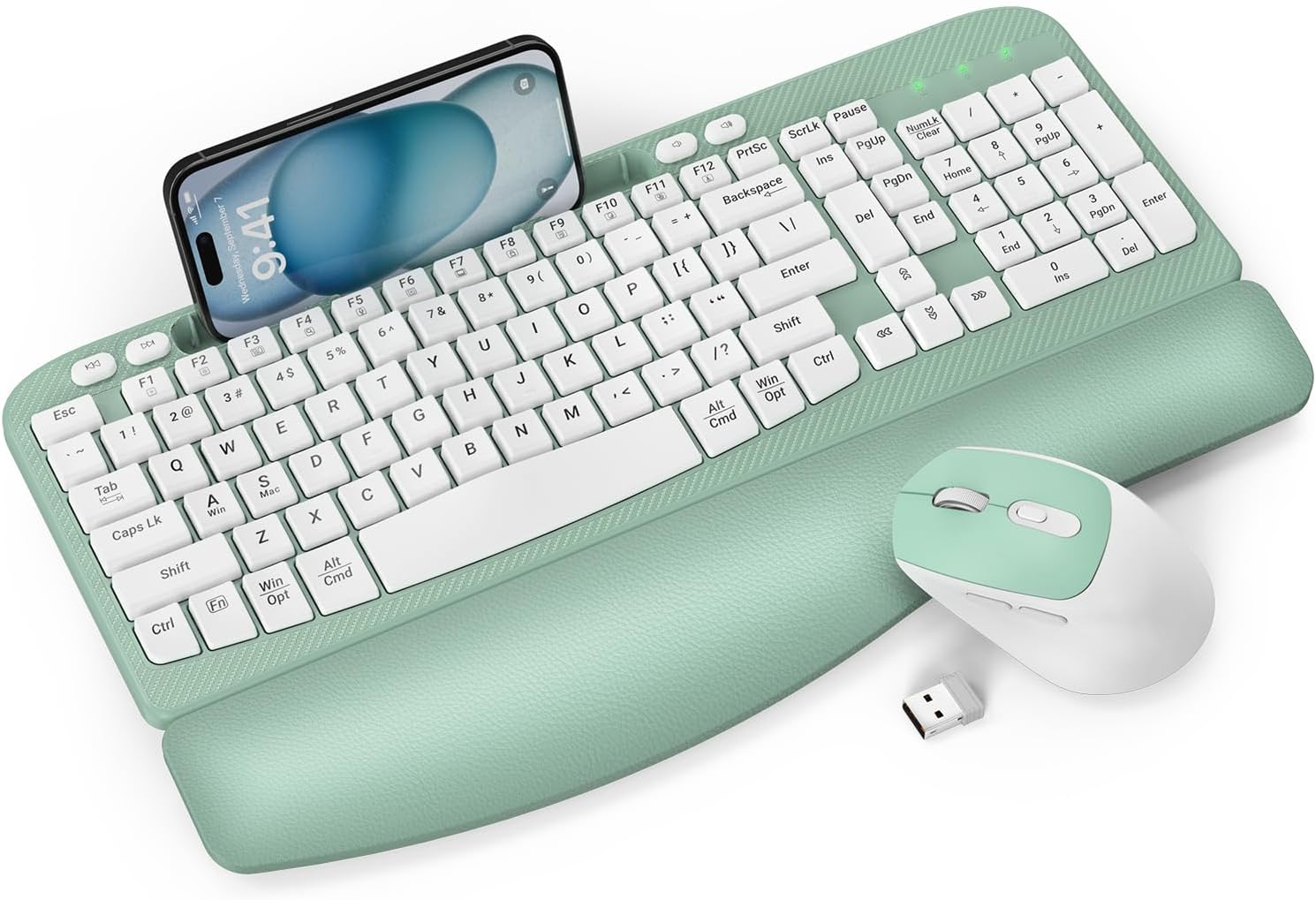Wireless Keyboard and Mouse Combo, Wave Keys Full-Sized Ergonomic Keyboard with Cushioned Plam Rest, Phone Holder, Comfortable Natural Typing, 2.4G Cordless Set for Computer, Laptop, Pc, Mac, Windows