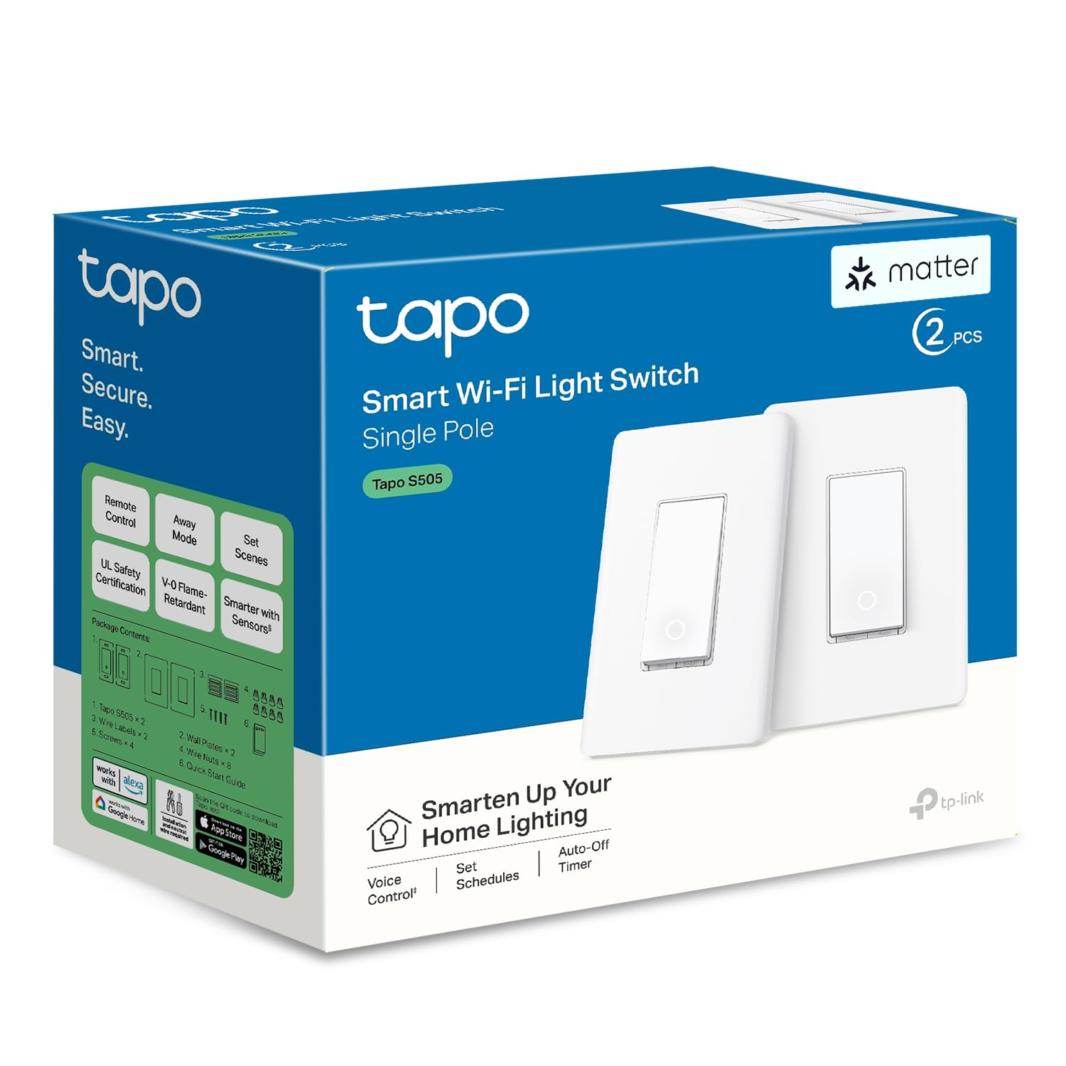 TP-Link Smart Light Switch, Matter Compatible, Single Pole, Neutral Wire Required, Voice Control w/Siri, Alexa & Google Home, UL Certified, Timer & Schedule, Guided Install, S505(2-Pack)
