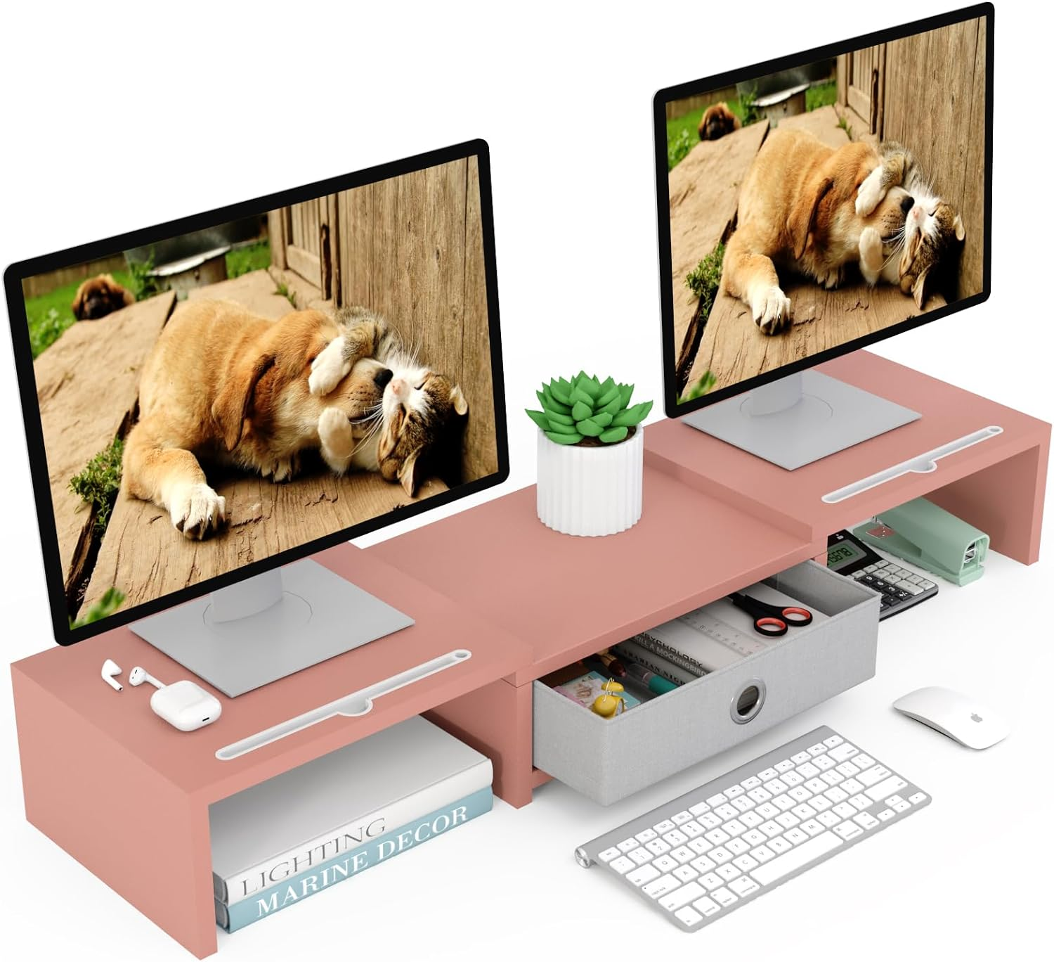 WESTREE Dual Monitor Stand with Drawer 3 Shelf Computer Monitor Riser, Deskto... - Picture 2 of 13