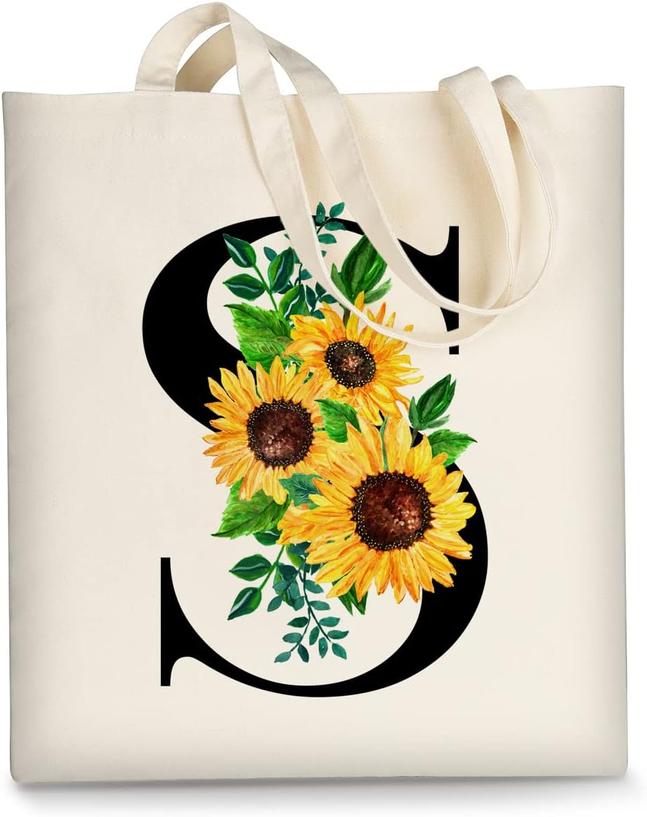 Canvas Tote Bag Aesthetic for Women, Cute Sunflower Initial Trendy Monogram Personalized Initial Birthday Reusable Cloth Cotton Bags with Handle for Grocery College Shopping Beach