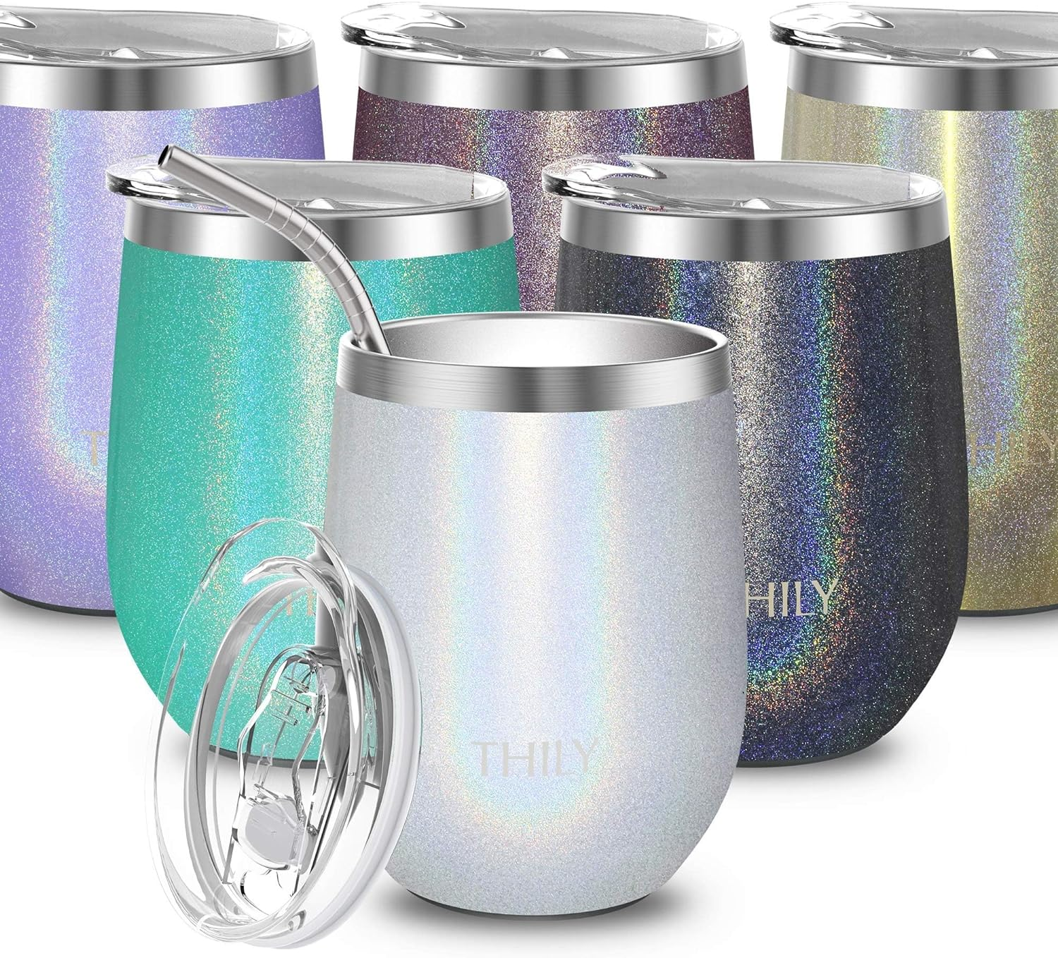 THILY 12Oz Insulated Stainless Steel Wine Tumbler with Sliding Lid & Straw - Stemless Travel Cup for Coffee, Cocktails, Beer - Cold Drinks - Glitter White