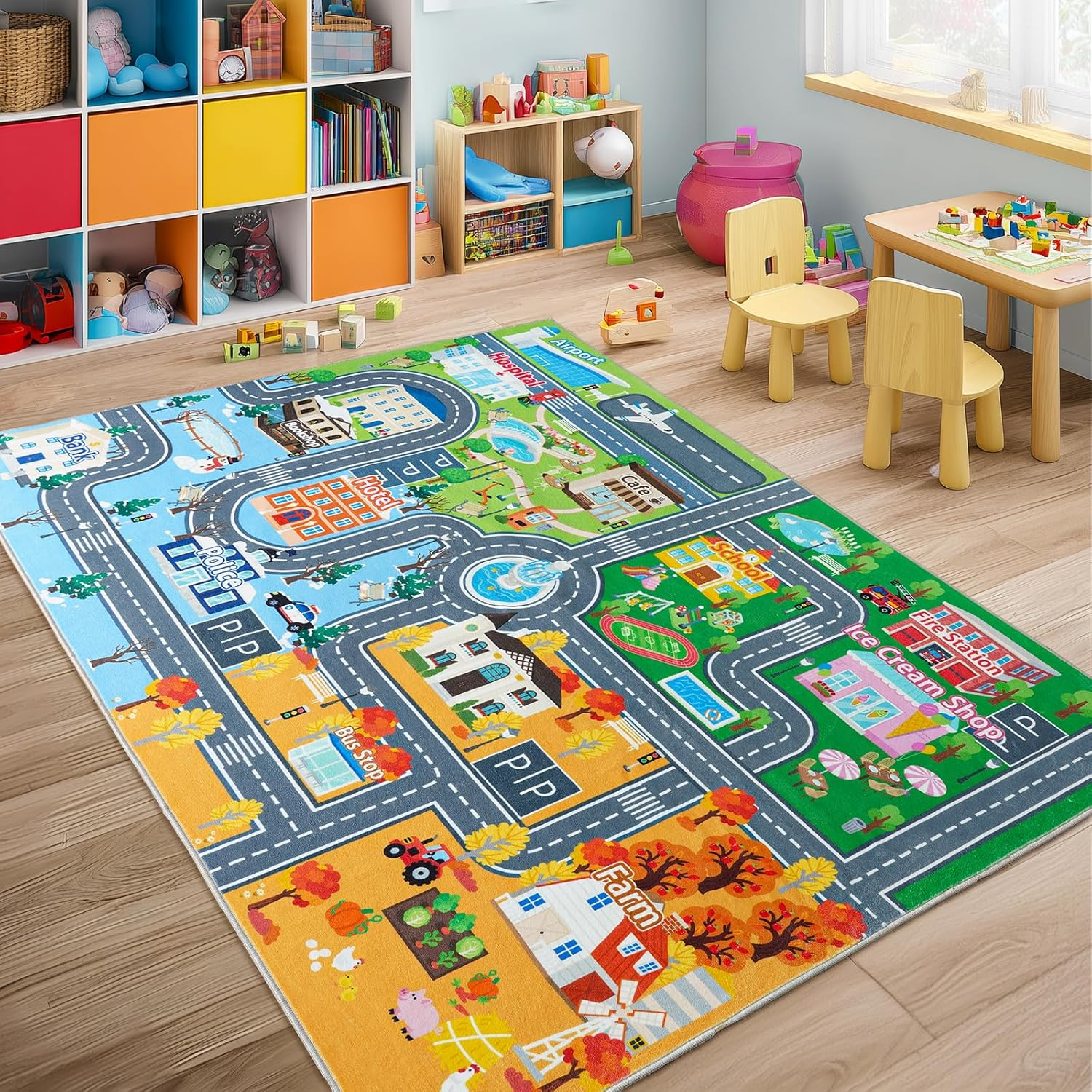 Car Rug Play Mat for Kids Toy Cars, 5' X 7' Town City Track Road Carpet, Non-Slip Machine Washable Town City Track Road Rugs Four Seasons Theme Traffic Mat for Kids Room Bedroom Game Safe Area