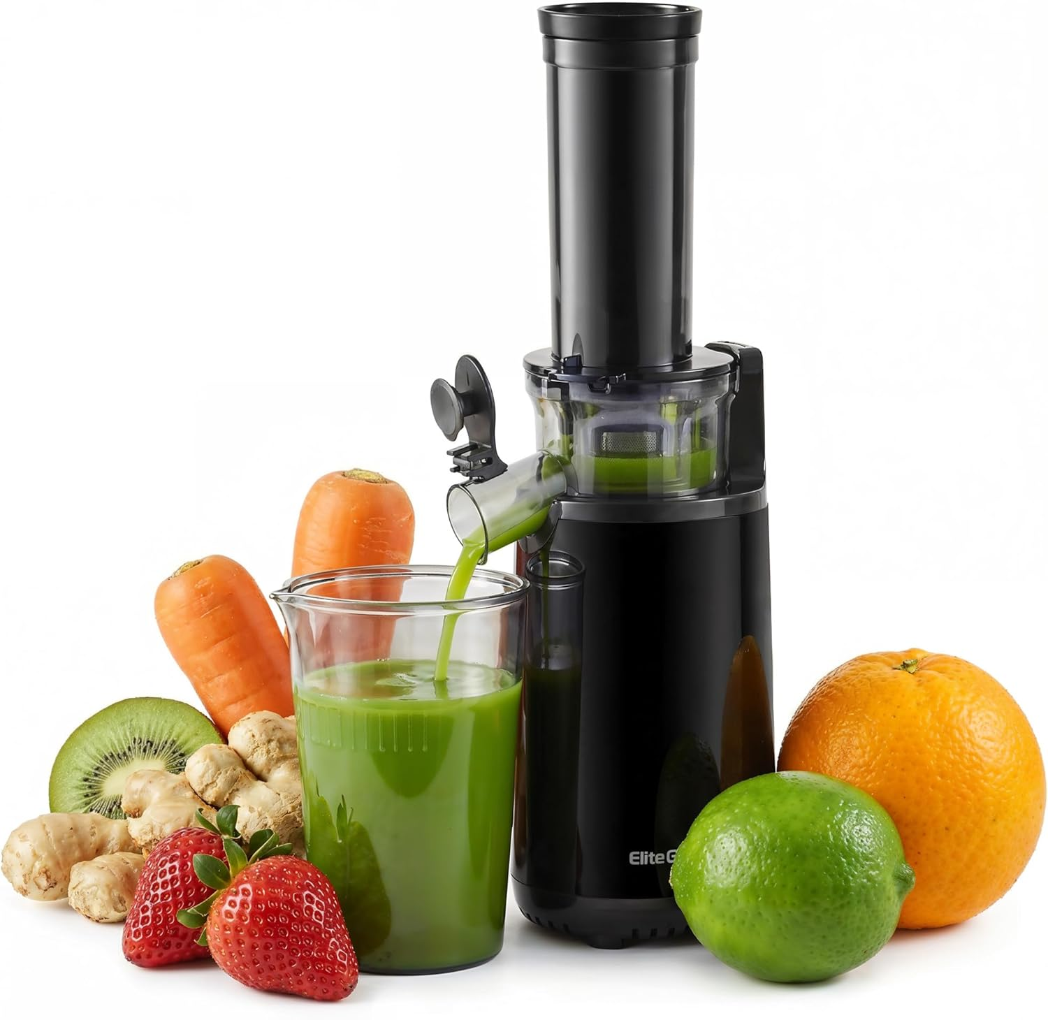 Elite Gourmet EJX600 Mini Compact Small Space-Saving Masticating Slow Juicer Cold Press Juice Extractor, Nutrient and Vitamin Dense, Bpa-Free Tritan, Easy to Clean, 16 Oz Juice Cup, Charcoal Grey