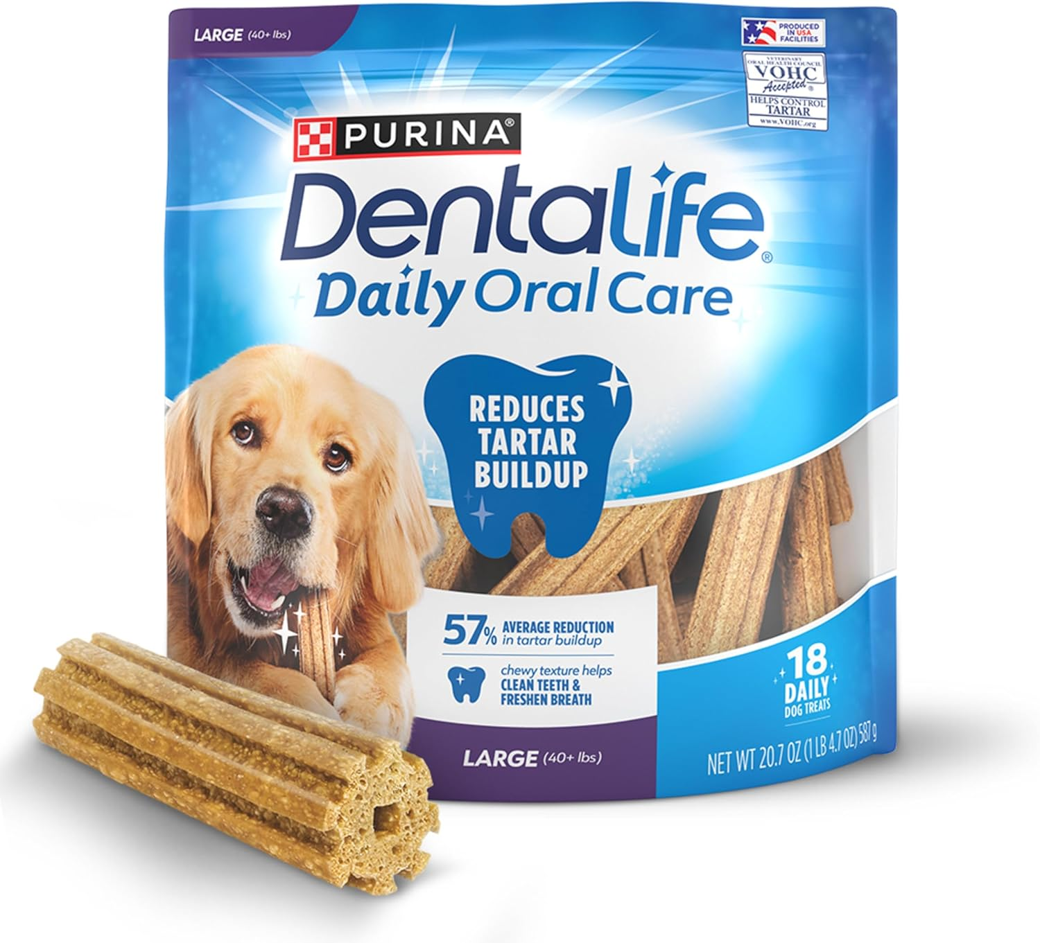 Purina Daily Dental Chews for Large Dogs, 18 Ct Pouch | Chewy, Ridged Texture in a Tasty Chicken Flavor, Proven to Reduce Tartar Buildup and Help Freshen Breath, Made in the USA