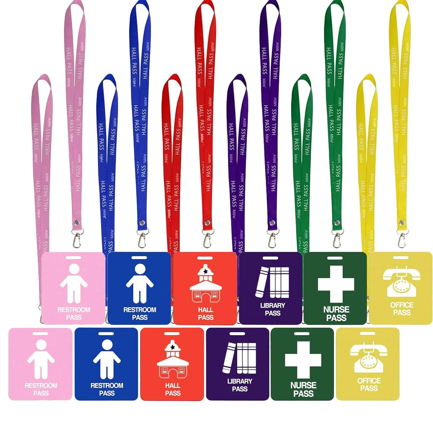 Unbreakable PVC Hall Pass Lanyards, School Passes Set for Teachers 12 Pack Hall, Bathroom, Library, Office and Nurse Classroom School Supplies
