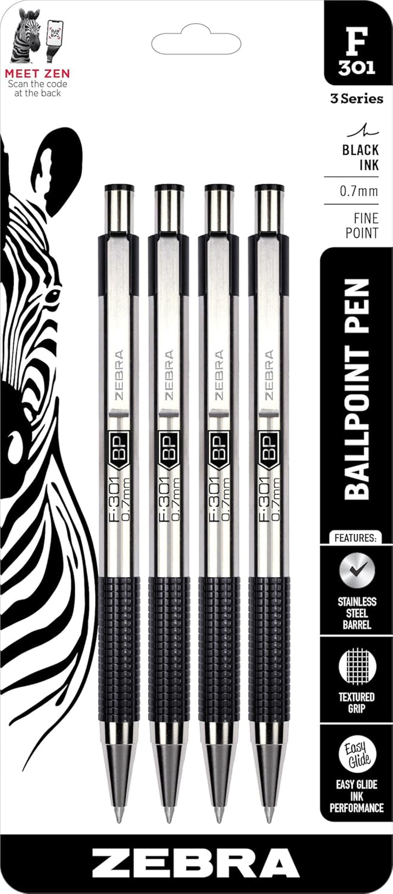 Zebra Pen F-301 Ballpoint Black Ink Fine Point 0.7Mm Pen, Easy-Glide Ink, Stainless Steel Retractable, Non-Slip Grip, Professional Design, Ideal for Office, Journal and Planner Use, 4-Pack (27114)