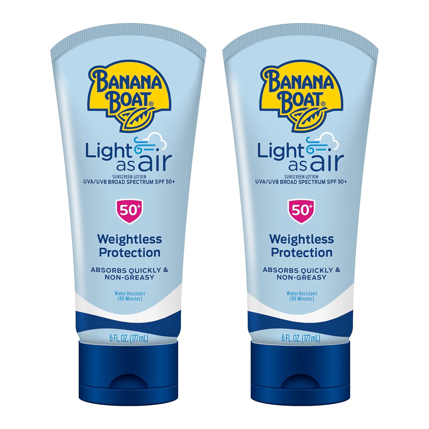 Banana Boat Light as Air Sunscreen Lotion SPF 50 Twin Pack | Lightweight & Non-Greasy Lotion Sunscreen SPF 50, Sunblock, Oxybenzone-Free, 6Oz Each