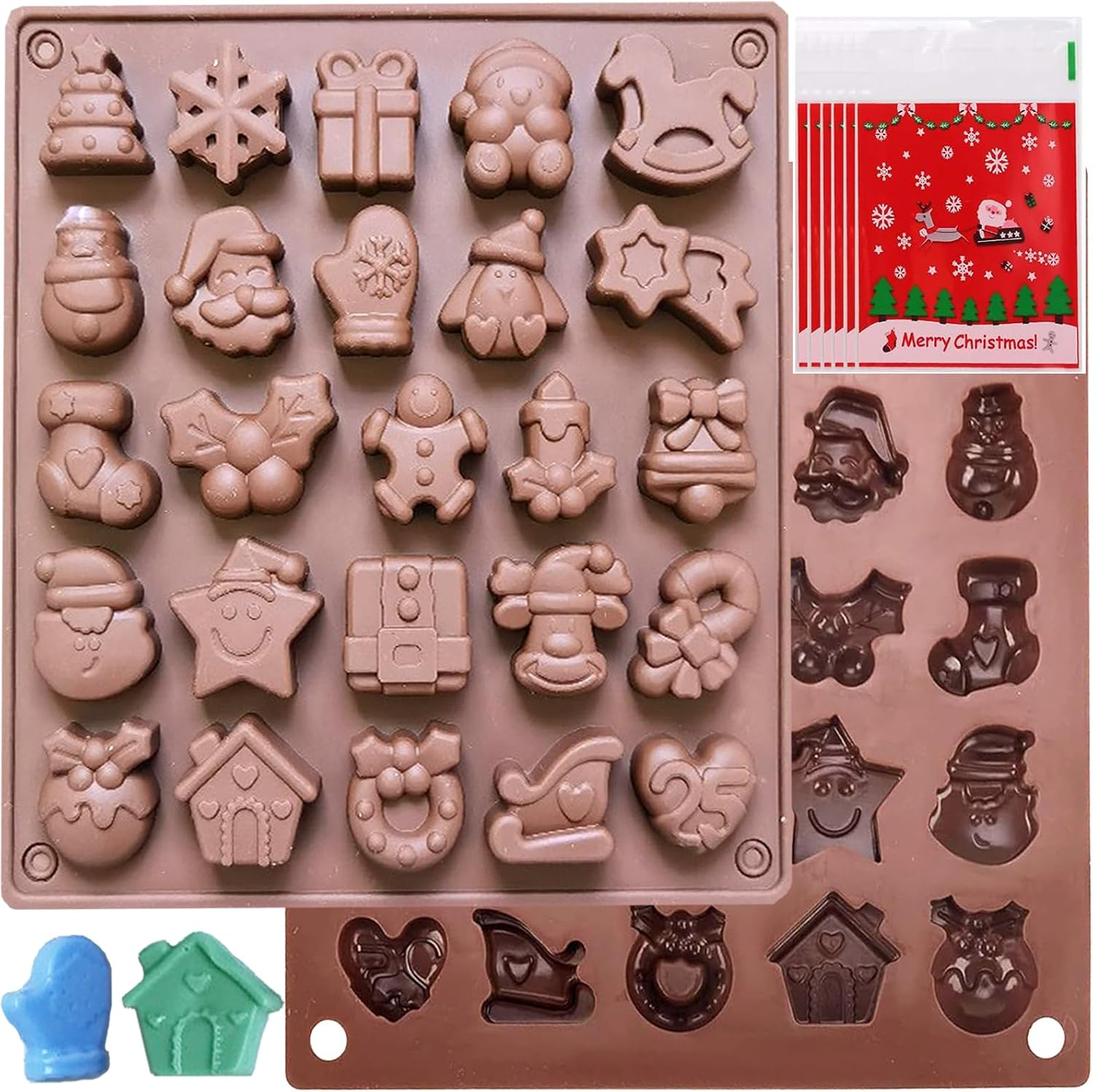 Christmas Chocolate Molds Silicone, Christmas Silicone Molds with Candy Bags for Gummy Candy Resin Soap Wax Melts Ice Cube Jelly 25 Shapes