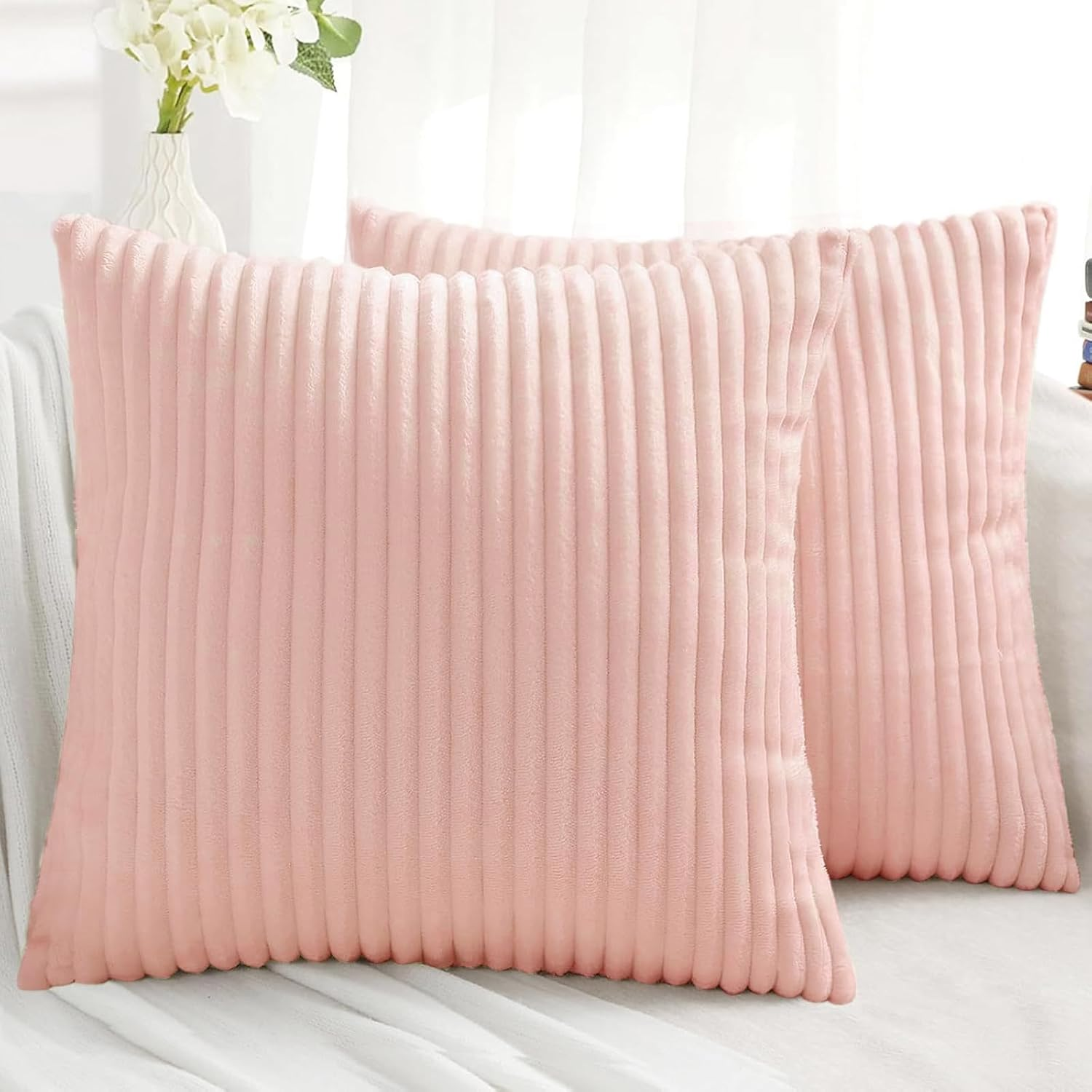 Decorative Fall Throw Pillow Covers 18x18 Set of 2, Soft Plush Flannel Double-Sided Fluffy Couch Pillow Covers for Sofa Living Room, Pink