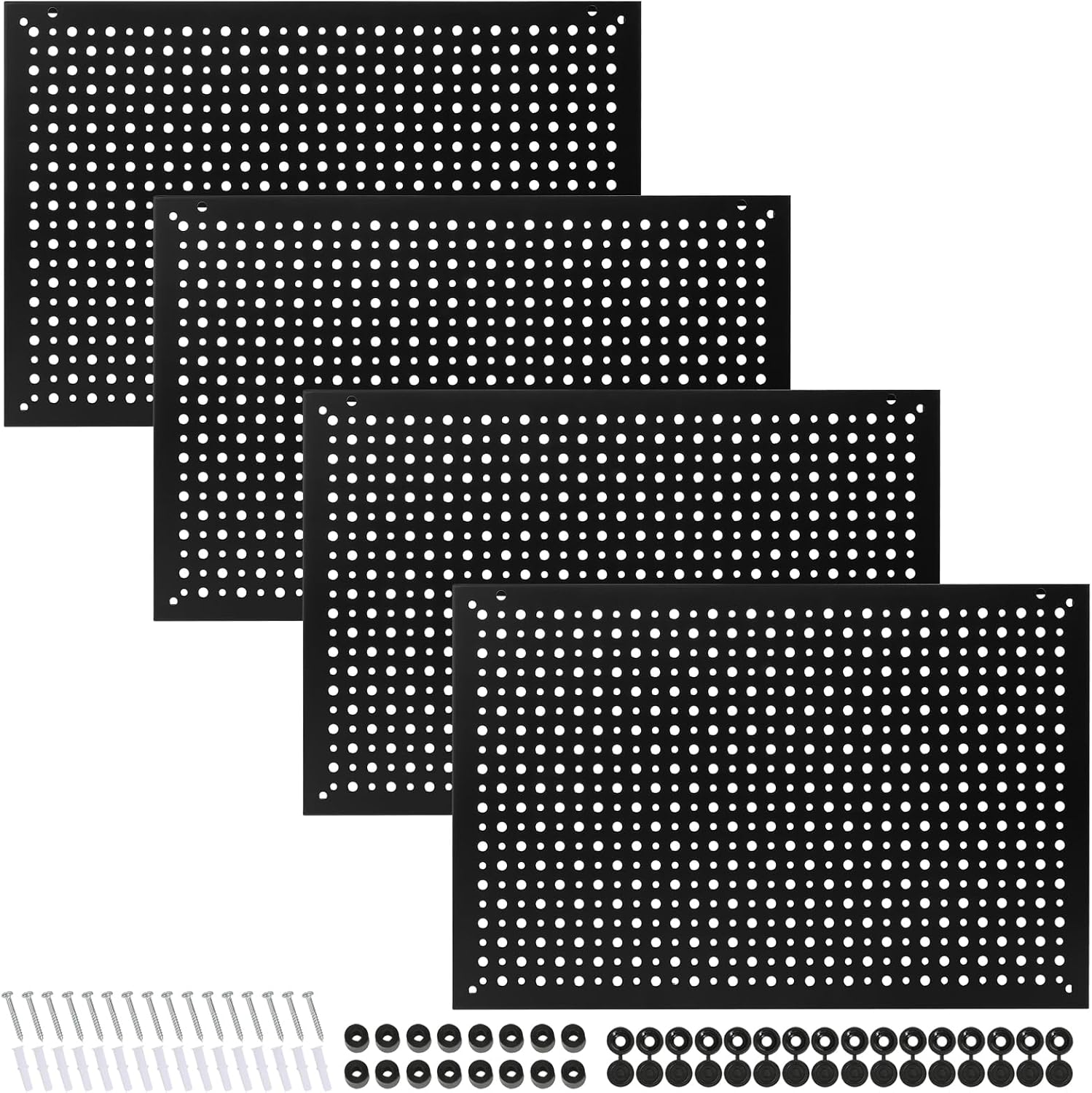Pegboard Rack Garage Storage Steel Horizontal Peg Board Pack,Steel Pegboard Heavy Duty- 4 Pack Metal Peg Board Tool Organization Panels (Black, 16X10.5)
