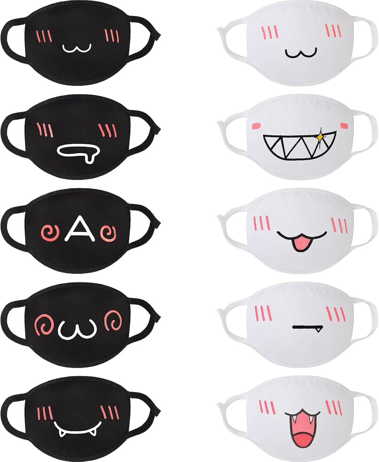Zhanmai 10 Pieces Kawaii Mask Anime Face Mouth Mask Cute Mouth Covering Reusable Washable Mouth Mask, Black and White