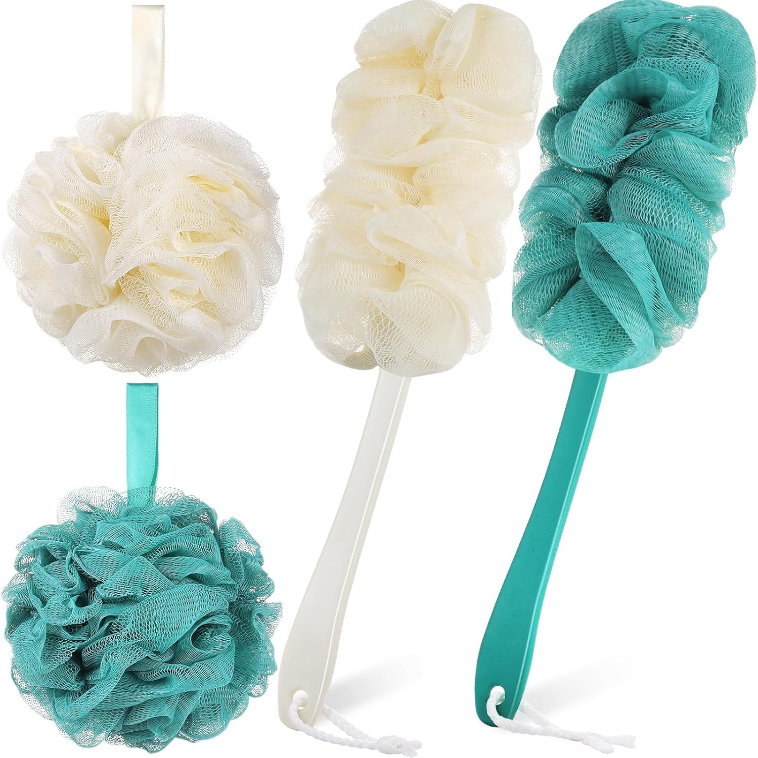 Sunnyray 4 Pack Back Scrubber for Shower and Shower Loofah Sponge Set, 50G Shower Loofah Poufs, Loofah Body Scrubber with Long Handle, Loofah on a Stick Bathing Accessories for Body Brushes