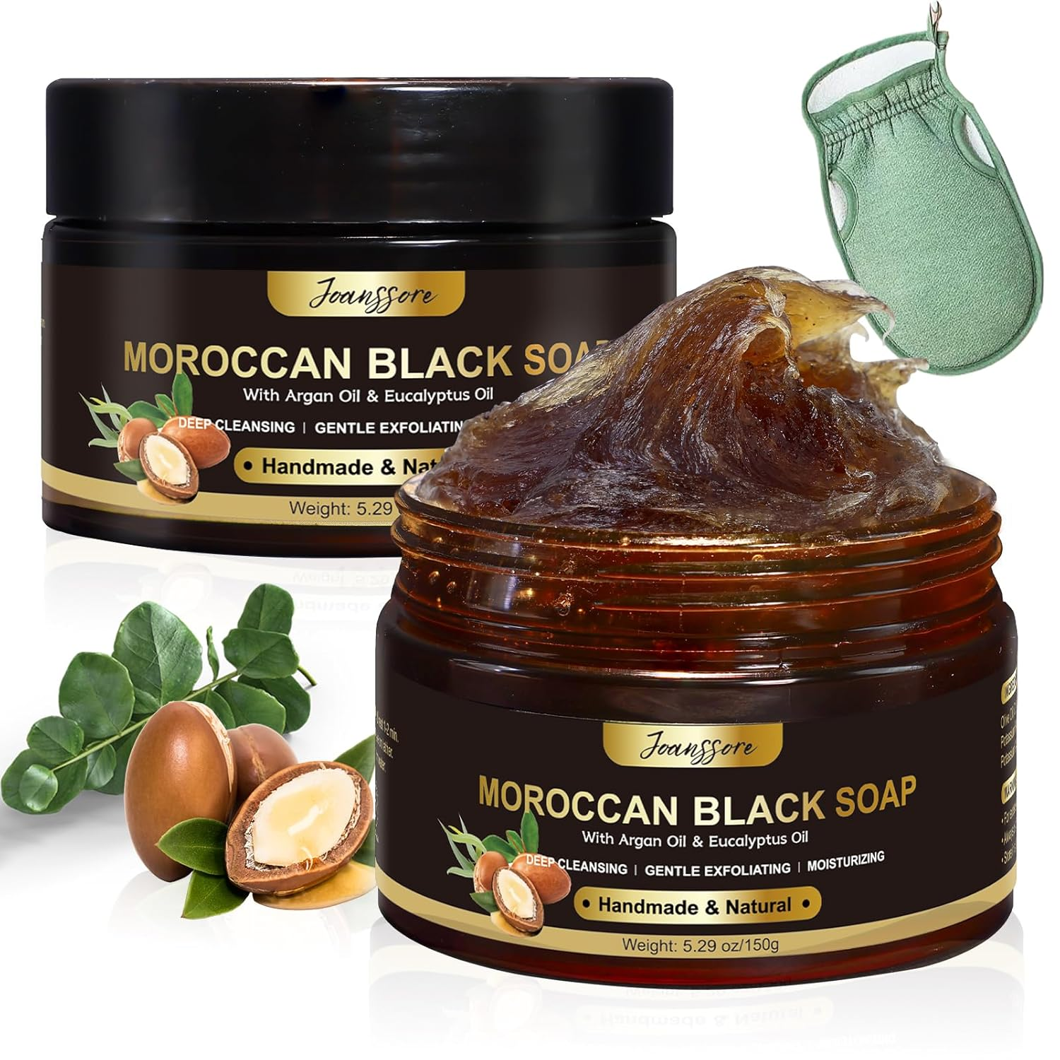 2 PCS Moroccan Black Soap Hammam, Morocco Beldi Soap with Exfoliating Glove