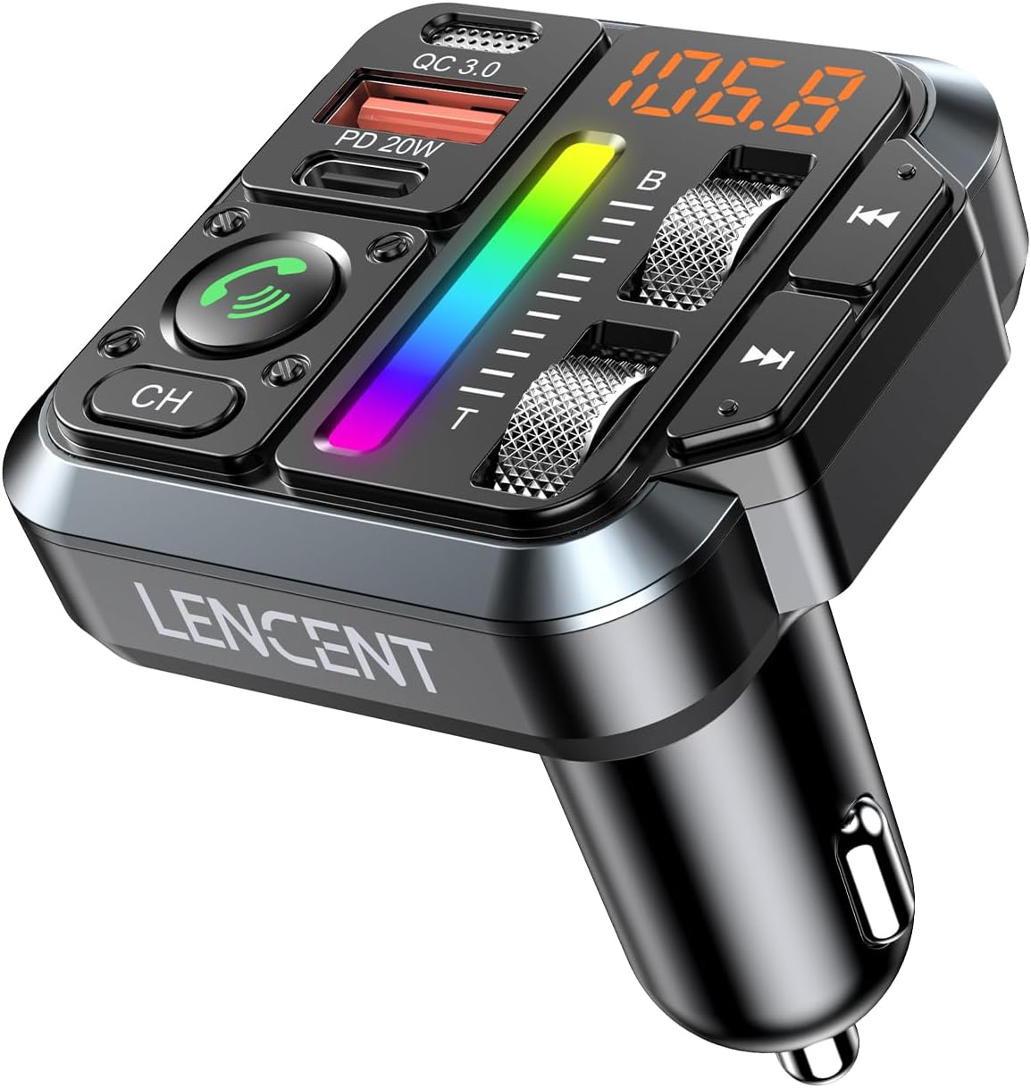 LENCENT Bluetooth 5.3 Car FM Transmitter, Adjustable Treble & Bass Sound Music Player Receiver, Wireless Radio Adapter with PD 20W & QC 3.0 Fast Charger, Hands-Free Calling, Siri Google Assistant