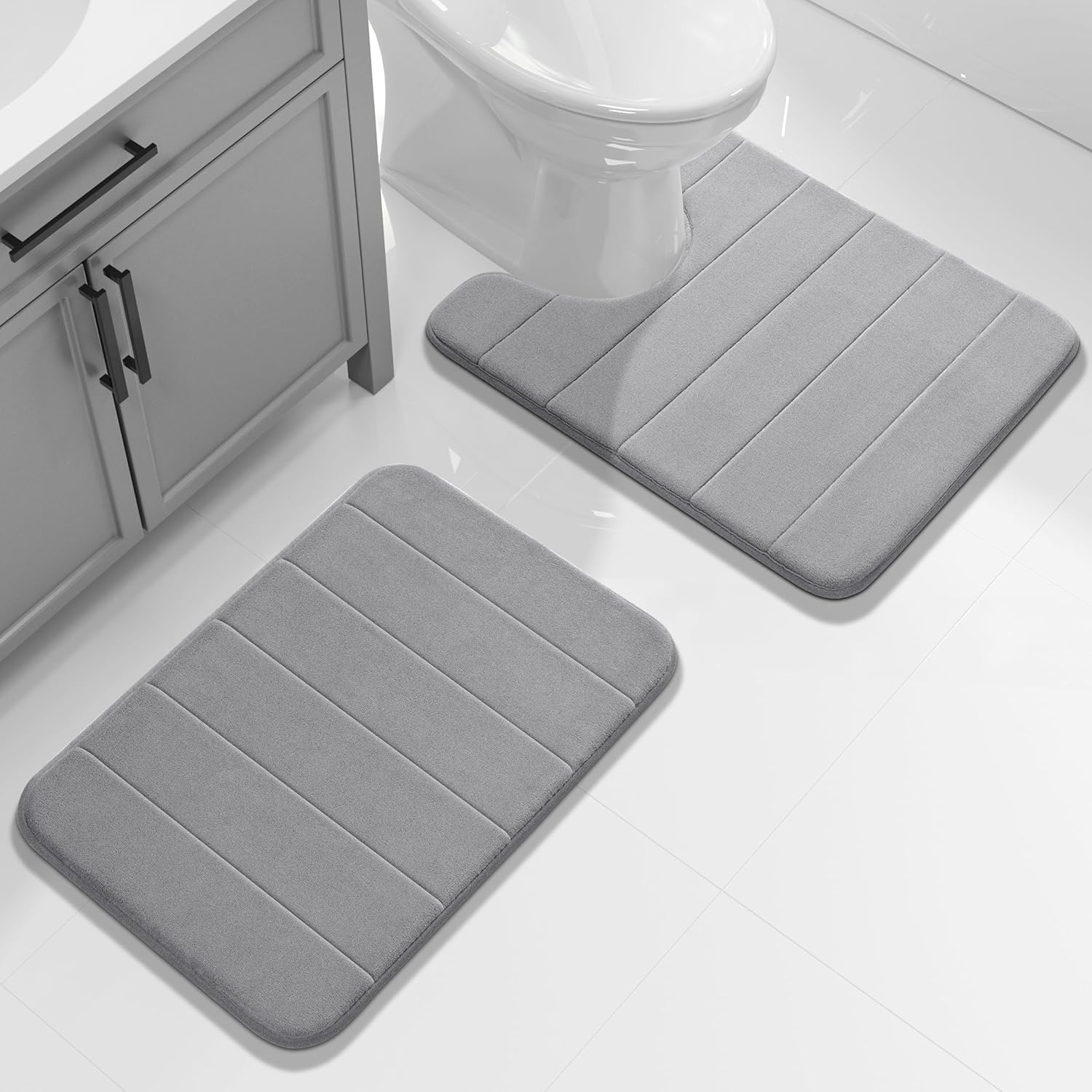U-Shaped Toilet Bath Mat Set 2 Piece - Super Soft Absorbent Quick Dry Memory Foam Bathroom Rugs, Machine Washable Non Slip Floor Carpet for Tub Shower & Single Sink (17X24 & 24X20, Gray)