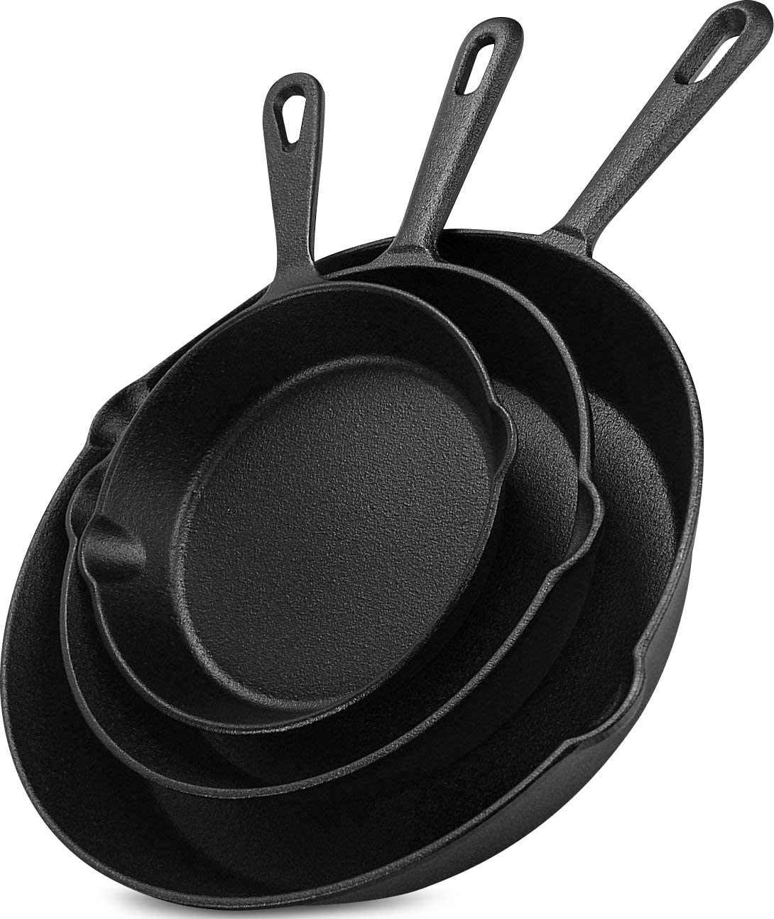 Utopia Kitchen Cast Iron Skillets 3 Piece Set, Chefs Pan, Pre Seasoned Cast Iron Skillets, 6, 8 & 10 Inches, Easy Use in the Oven, Stove, Grill, or Campfire, Black