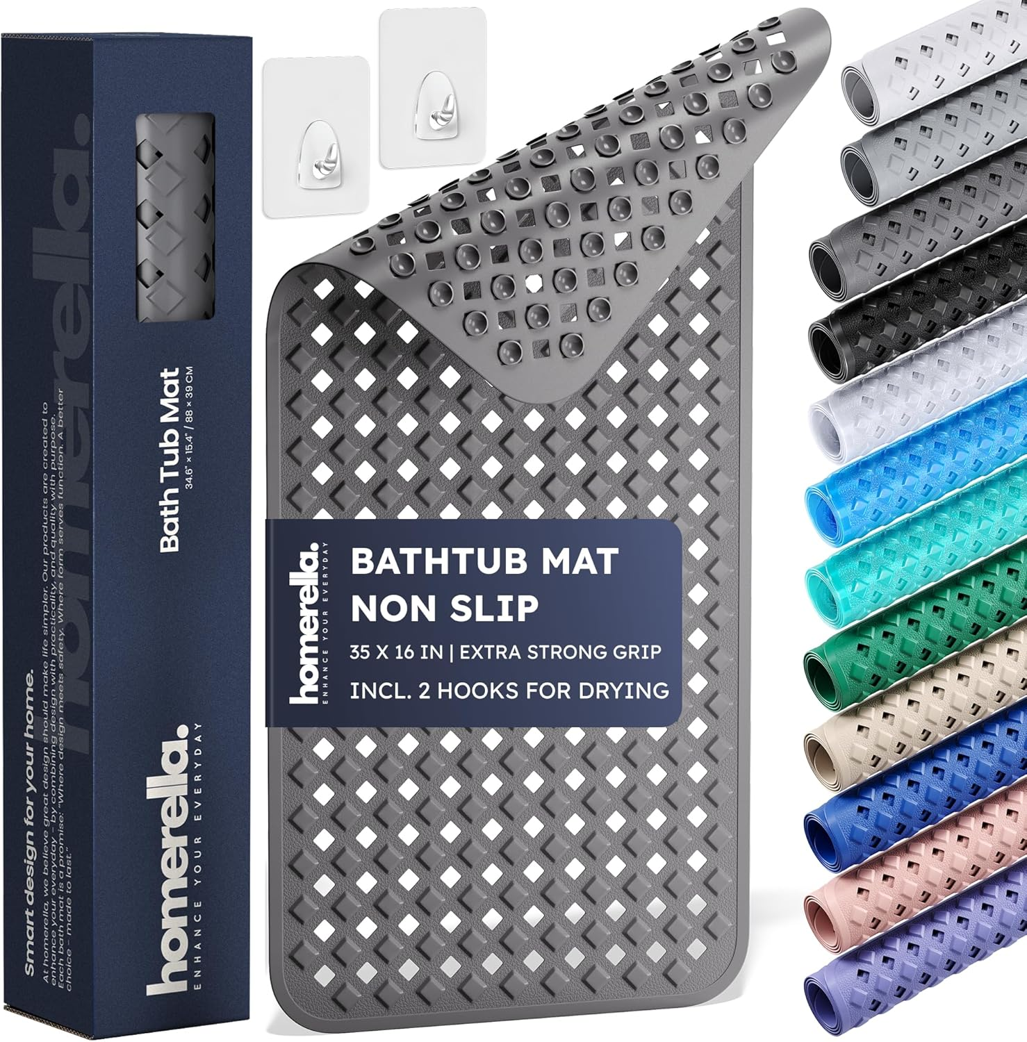 ® Bathtub Mat Non Slip 35X16, Incl. Hooks for Drying, Extra Long, 100% BPA Free, Shower Mat Non Slip anti Mold, Machine Washable, Shower Mats for inside Shower Mildew Resistant