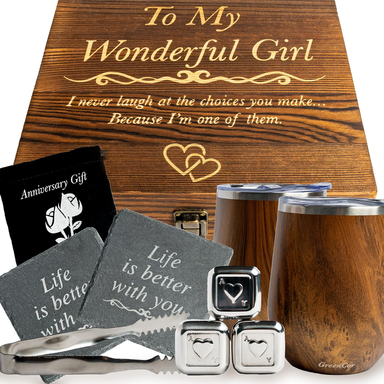 Anniversary for Her – ‘To My Wonderful Girl’ Engraved Wine Tumbler Set | Romantic Present for Wife or Girlfriend | Unique Wedding - Birthday Gift