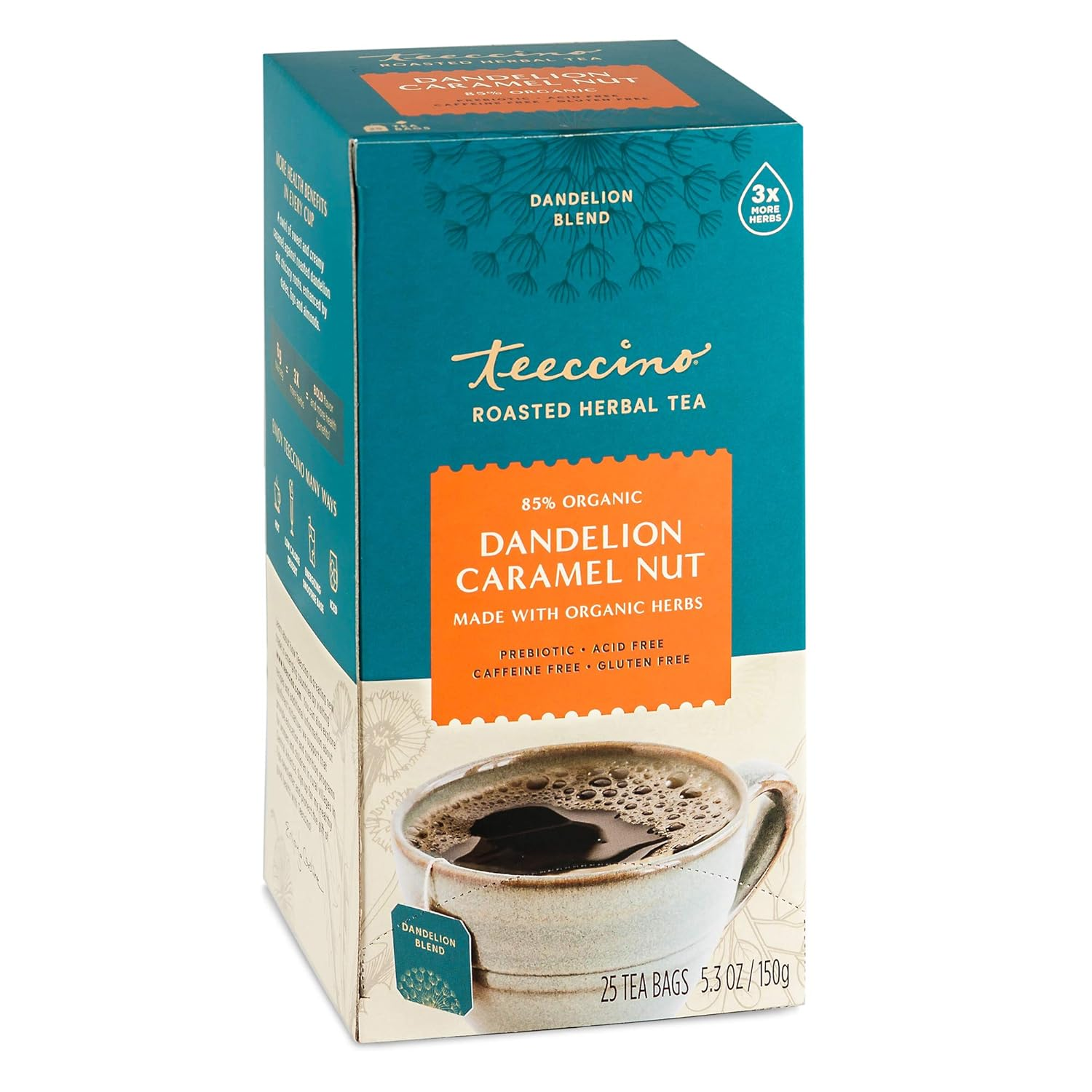 Teeccino Dandelion Caramel Nut Tea, 25 Tea Bags - Caffeine Free, Roasted Herbal Tea with Prebiotics, 3X More Herbs than Regular Tea Bags, Gluten Free, Great Hot or Iced, Herbal Tea