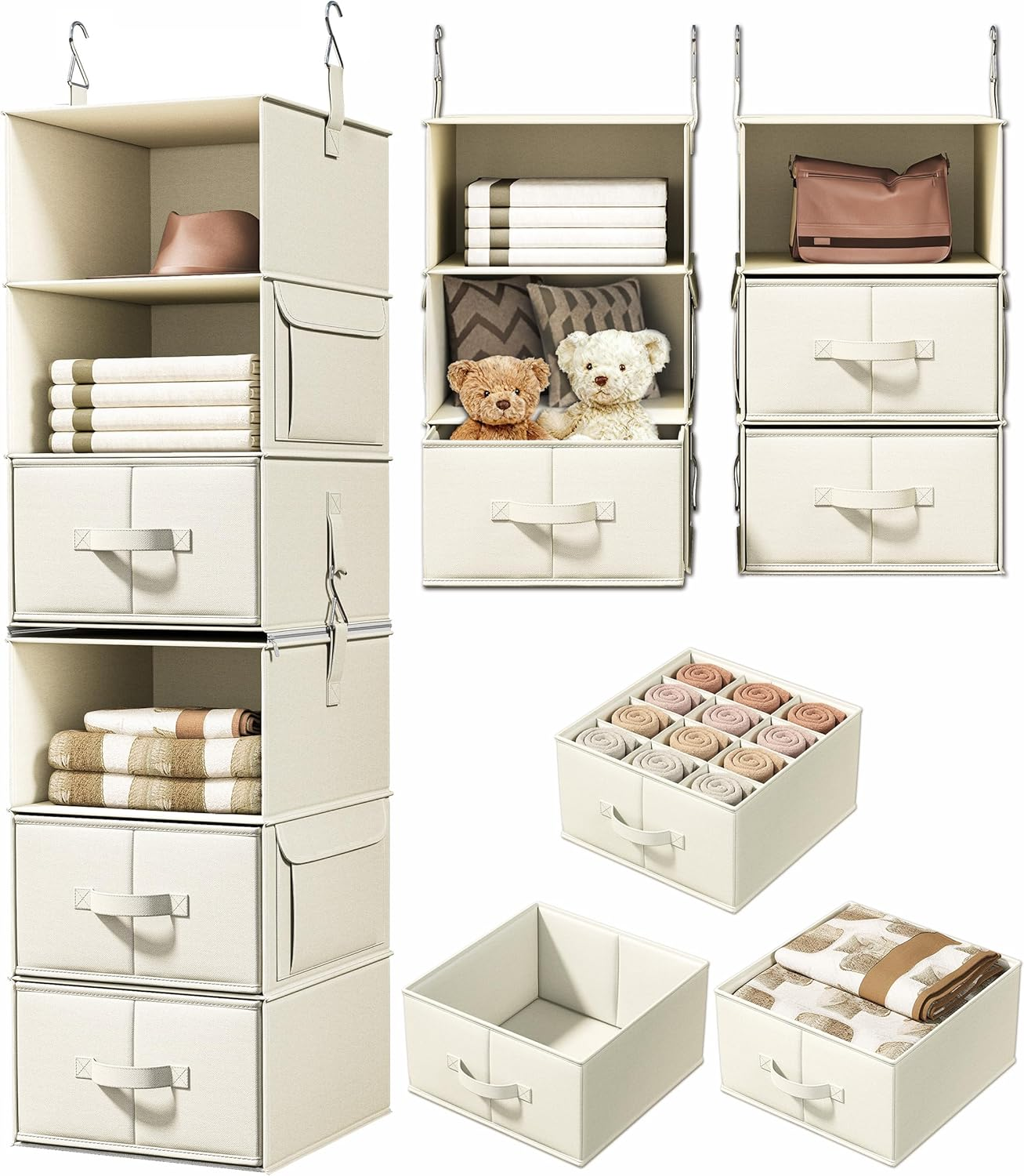 6-Shelf Hanging Closet Organizer with 3 Drawers, 2 Separable 3-Shelf Closet Organizers and Storage for Wardrobe Organization, Hanging Dresser for Nursury & Dorm Clothes Organizer, Beige