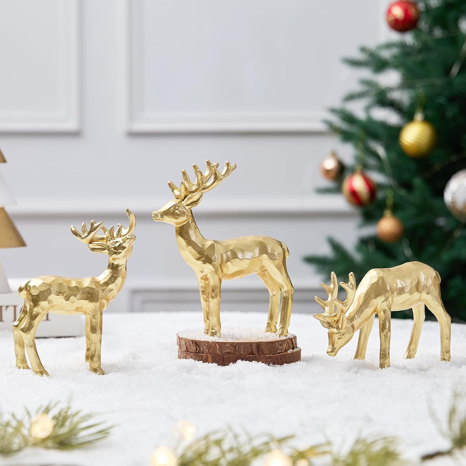 3Pcs Resin Reindeer Figurines for Christmas Decor Gold Tabletop Reindeer Statues Small Decorative Deer Figurines for Indoor Christmas Tabletop Mantle Decorations