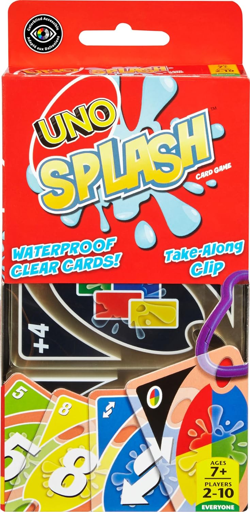 UNO Splash Card Game with Waterproof Cards and Portable Clip for Travel, Camping and Game Nights Away
