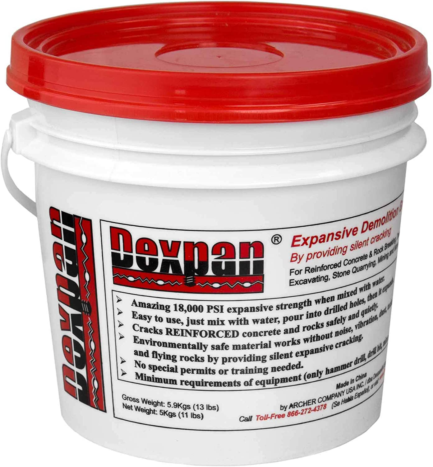 Expansive Demolition Grout 11 Lb. Bucket for Rock Breaking, Concrete Cutting, Excavating. Alternative to Demolition Jack Hammer Breaker, Jackhammer, Concrete Saw, Rock Drill (Type 1, 77-104° F)