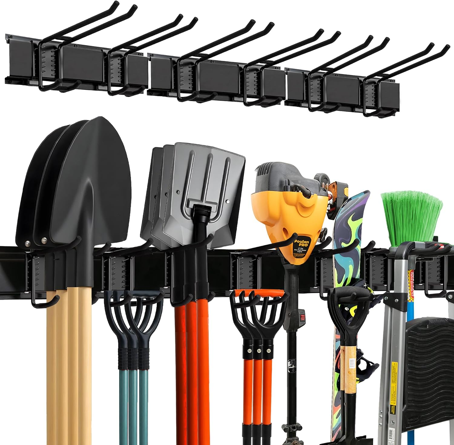 Garage Tool Organizer Wall Mount with Double-Layer Hooks - 48 Inches - Heavy-Duty Garden Tool Organizer, 300Lbs Capacity - Adjustable Hooks (3 Racks & 6 Hooks)