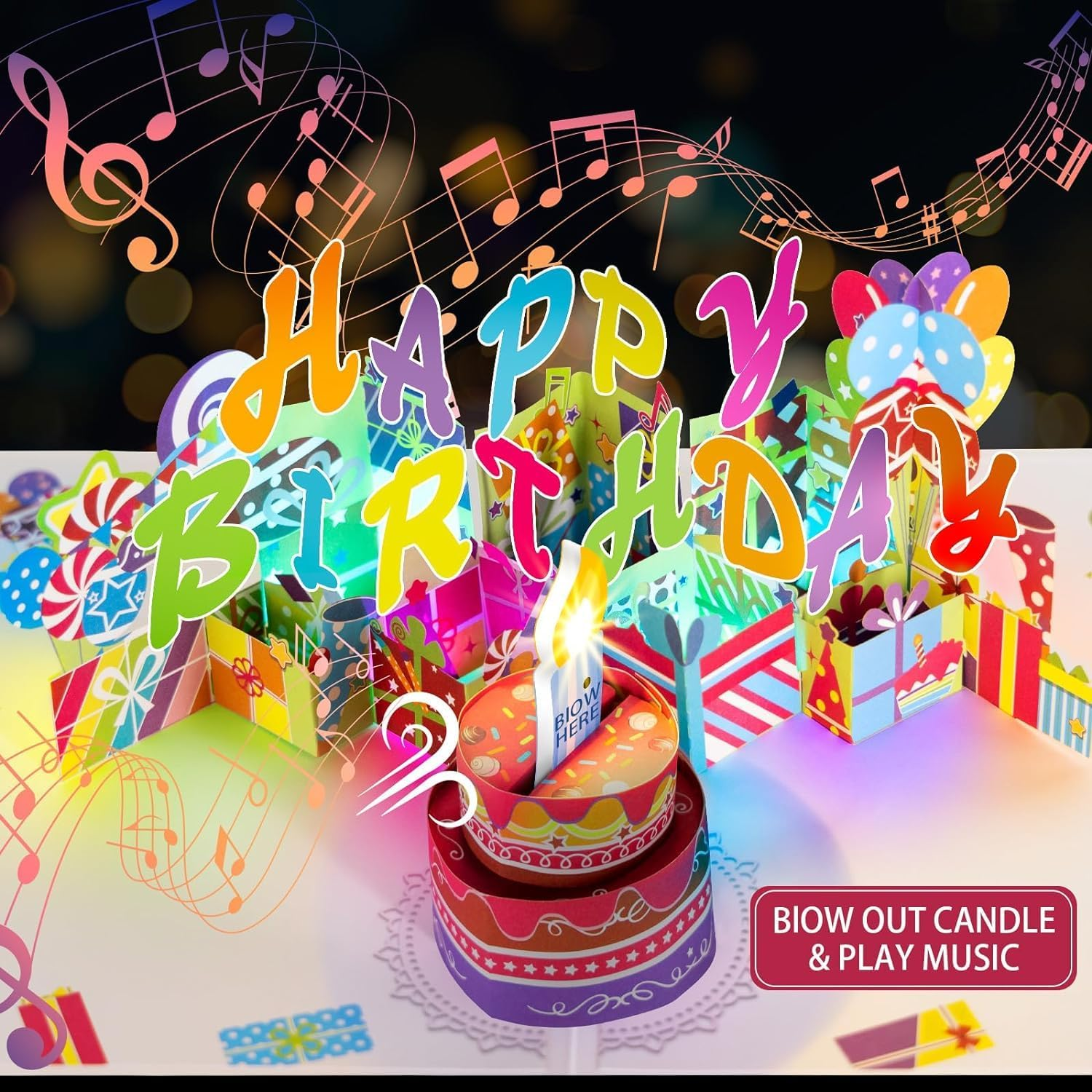 3D Popup Birthday Cards, 1-100 Age Luxury Blowable LED Light Candle Cake Music Happy Birthday Card Postcards Greeting Cards Birthday Gifts Decorations for Women, Man, Mom, Wife, Husband, Boy, Girl