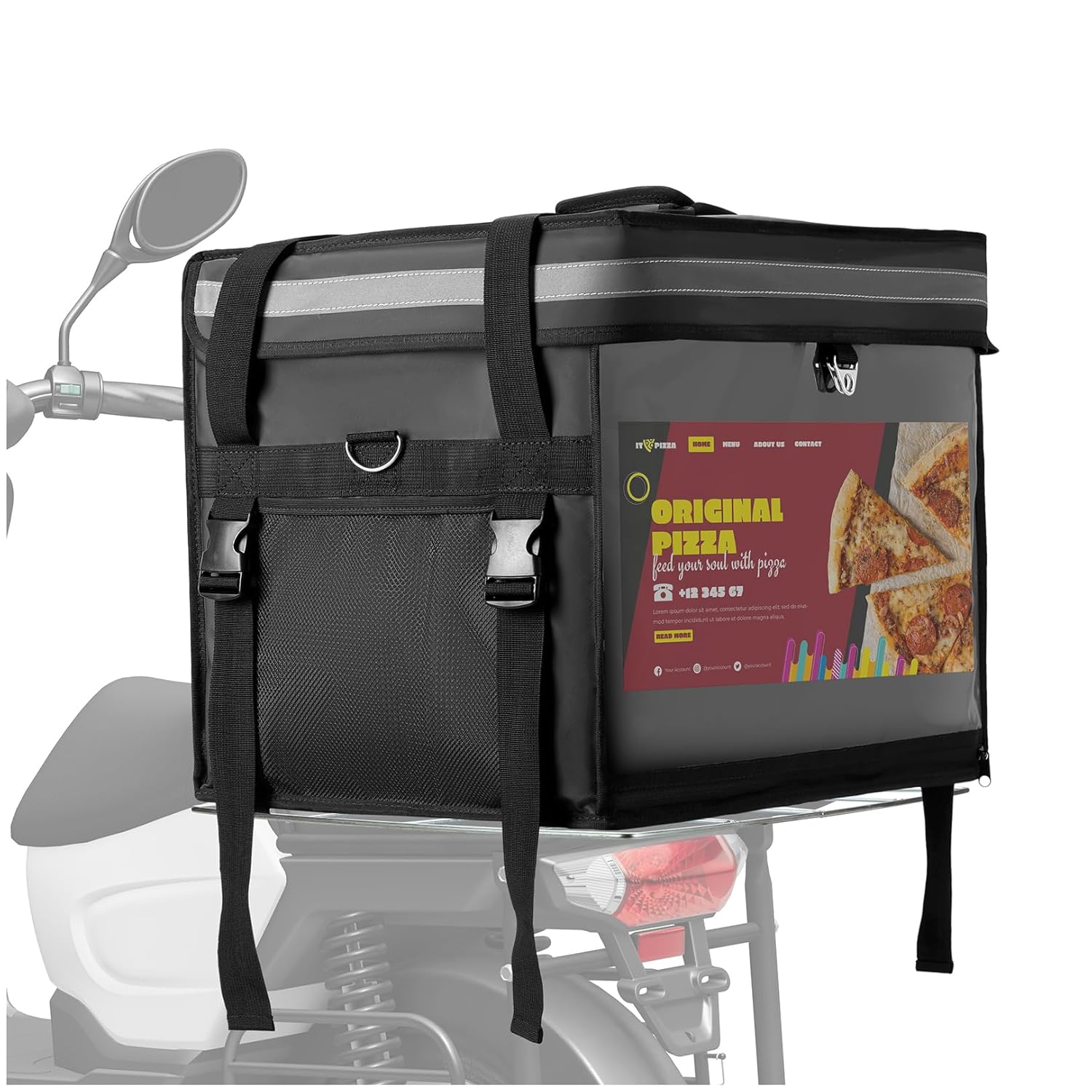 Insulated Food Delivery Bag for E-Bikes/Scooters/Motorcycles, Waterproof Delivery Bag with Carrier Rack,Perfect for Catering,Restaurants,Delivery Drivers,Doordash and More,62L - Fit 14'' Pizza Box