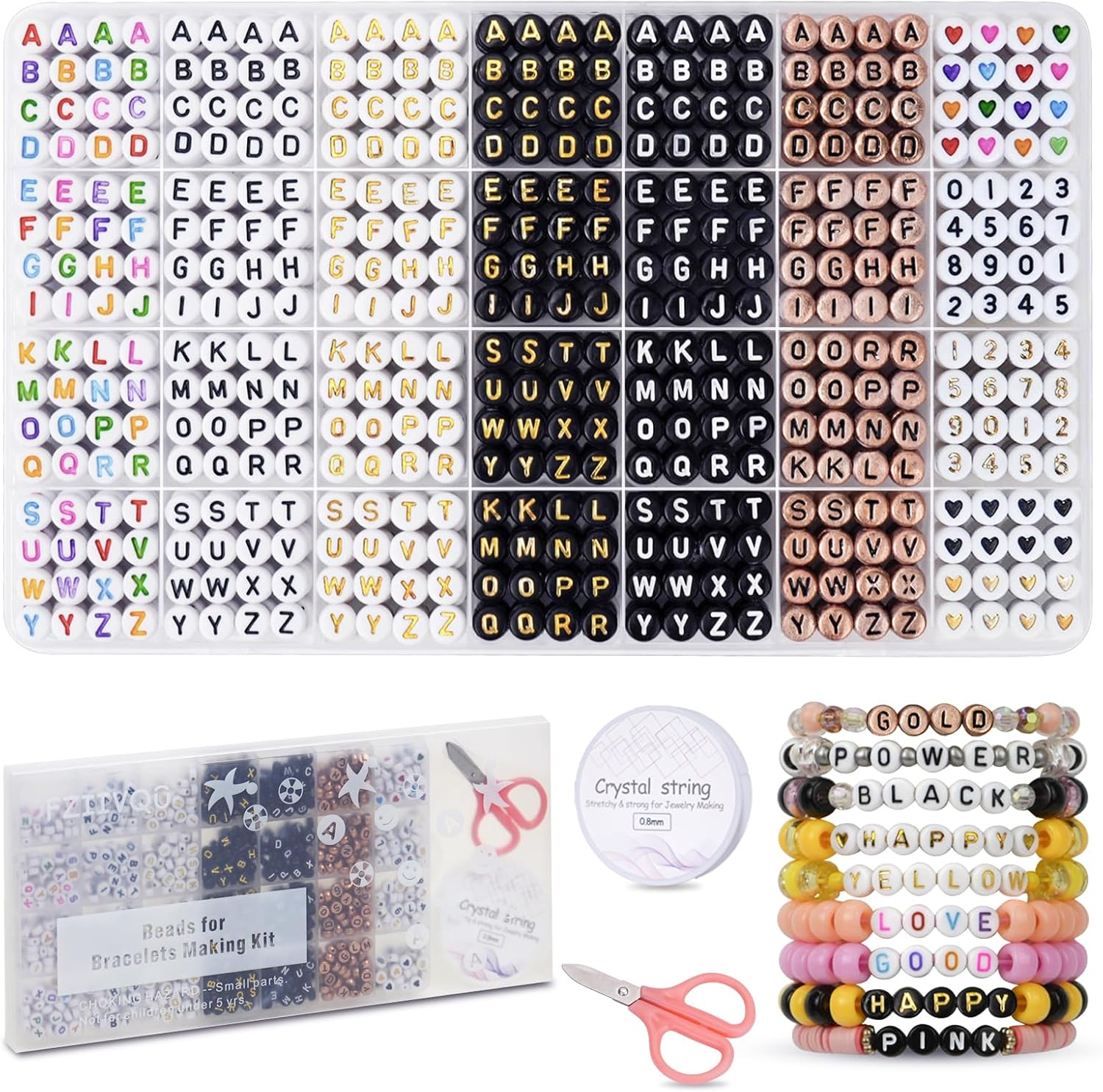 1400Pcs Letter Beads Kit, 6 Colors 4X7Mm Alphabet Beads, Number Beads Heart Beads for Bracelets Making Friendship Bracelet Kit