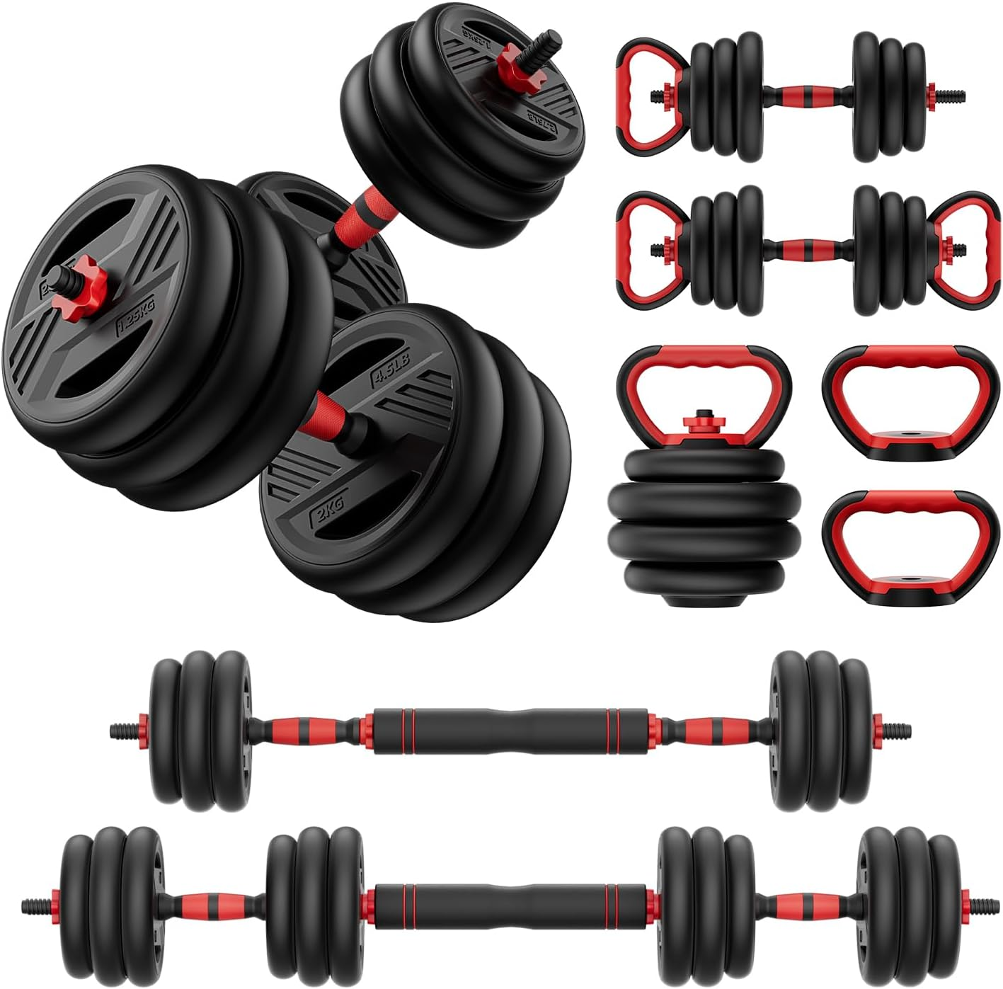 Adjustable Dumbbell Set, 20/30/45/70/90Lbs Free Weight Set with Double Locknut, 5-In-1 Dumbbells Set Includes Barbell, Kettlebells, Push up Stand, Weight Plate, Fitness Exercise for Home Gym Suitable Men/Women