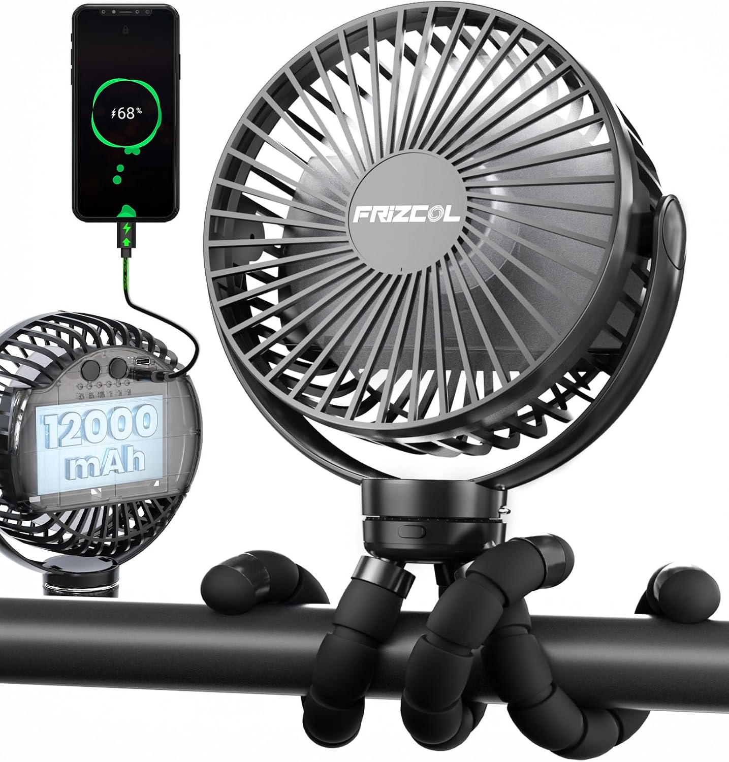 Ventilador Portatil Cochecito 12000mAh Power Bank Clip Tripode Mini Bebe 1 Pza