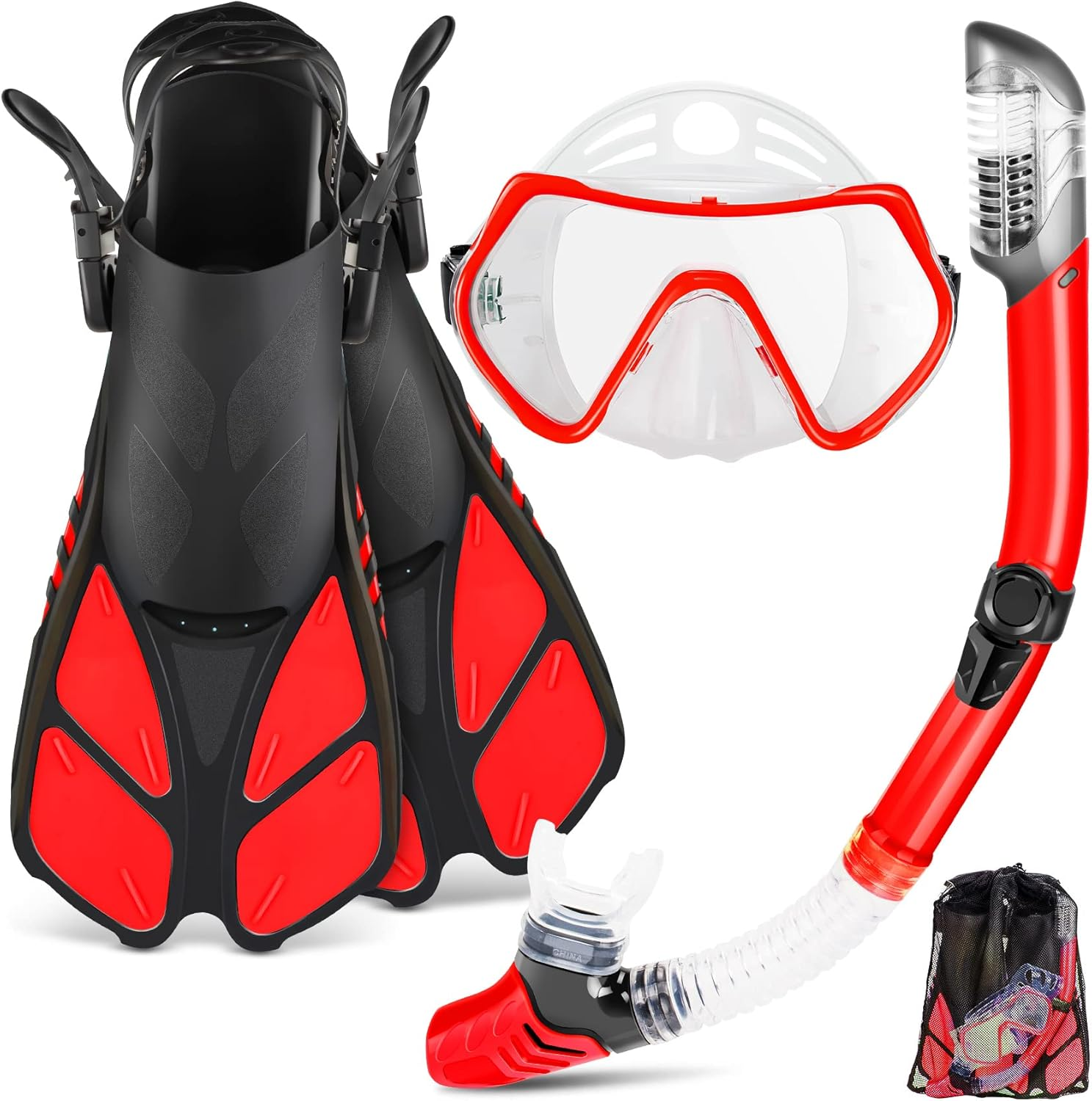 Mask Fin Snorkel Set, Travel Size Snorkeling Gear for Adults with Panoramic View Anti-Fog Mask, Trek Fins, Dry Top Snorkel and Gear Bag for Swimming Training, Snorkeling Kit Diving Packages