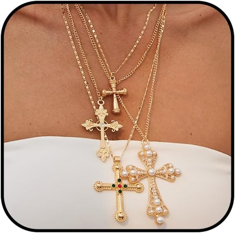 4Pcs Chunky Cross Necklace for Women Gold Statement Big Cross Pendant Necklace Pearl Cross Layered Chain Necklaces Set Punk Grunge Y2K Jewelry