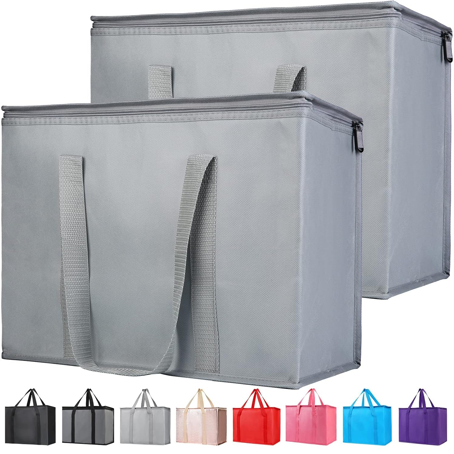 2-Pack Insulated Reusable Grocery Shopping Bags, X-Large Picnic Cooler Bag Top Cold, Grey