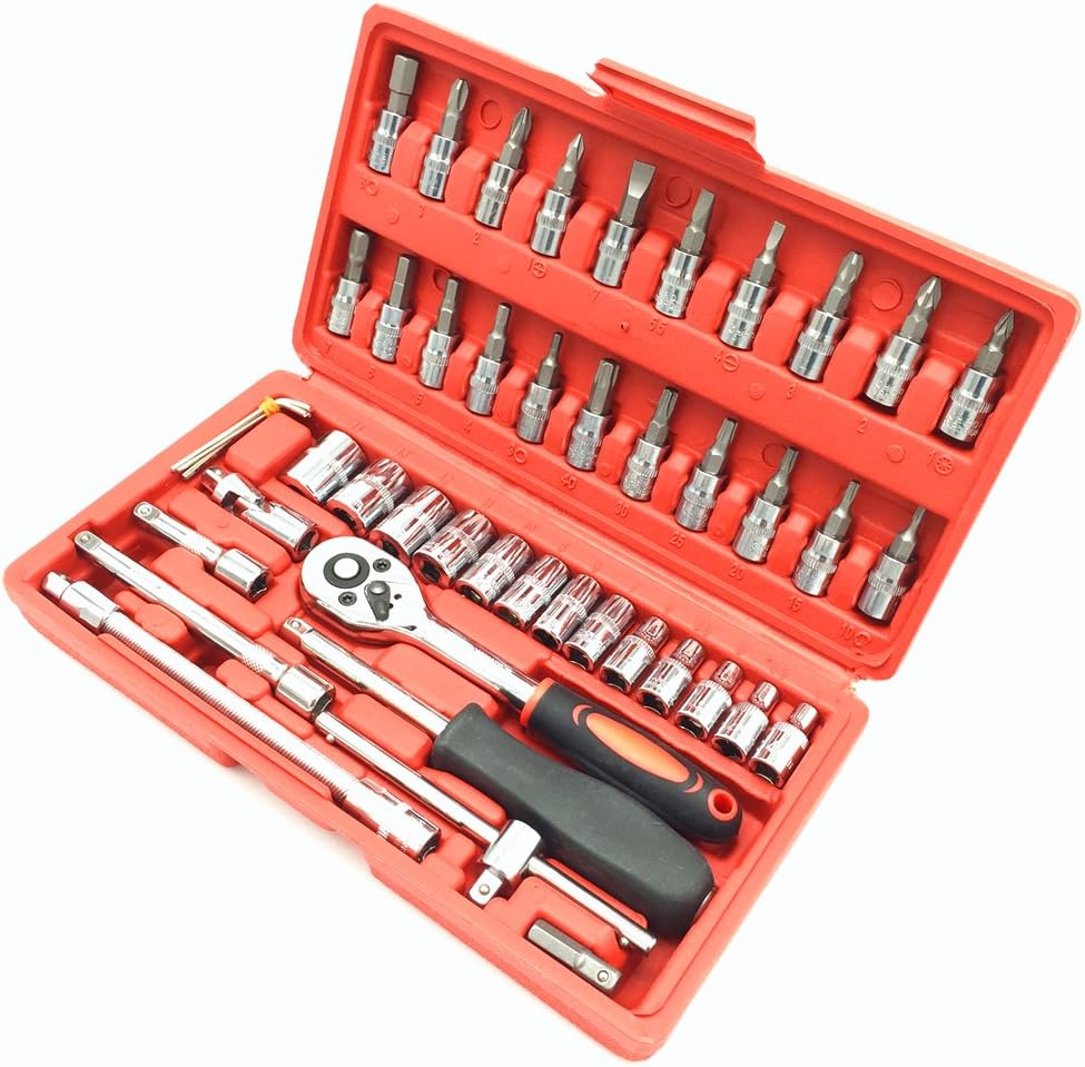 Socket Wrench Set Ratchet Sets Mechanic Tools Kit Bit Sockets for Automotive Repair & Household,Metric,1/4-Inch Drive 46-Piece