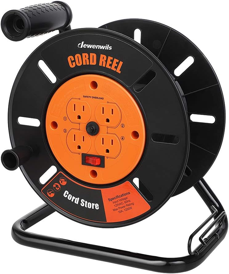 Extension Cord Storage Reel with 4-Grounded Outlets, Heavy Duty Open