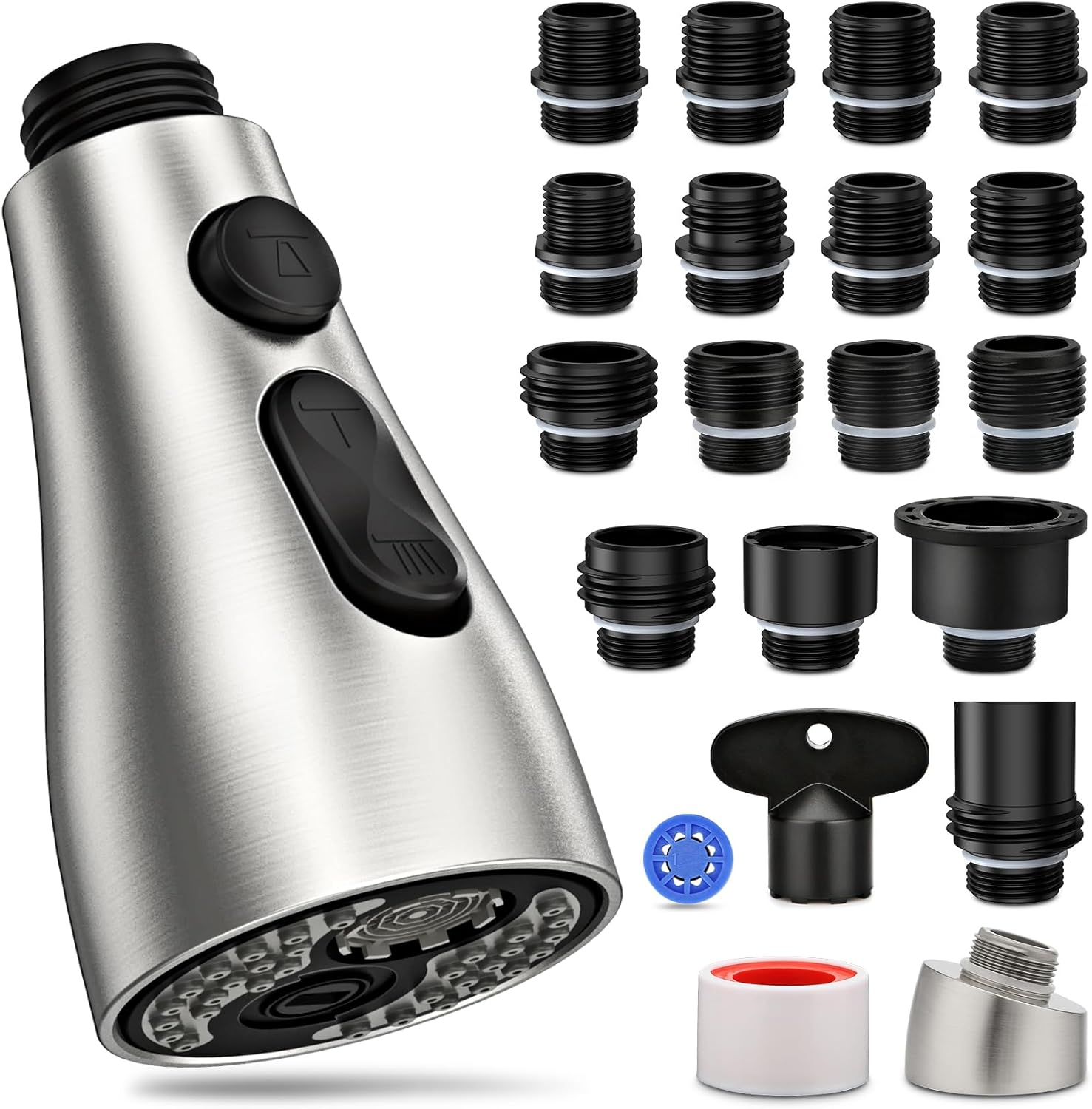 Kitchen Faucet Head Replacement 3 Modes with 17 Adapters, Pull Down Spray Head for Kitchen Faucet, Kitchen Sink Faucet Head G 1/2, Sprayer Head Replacement, Compatible with Moen，Delta, Kohler Faucets